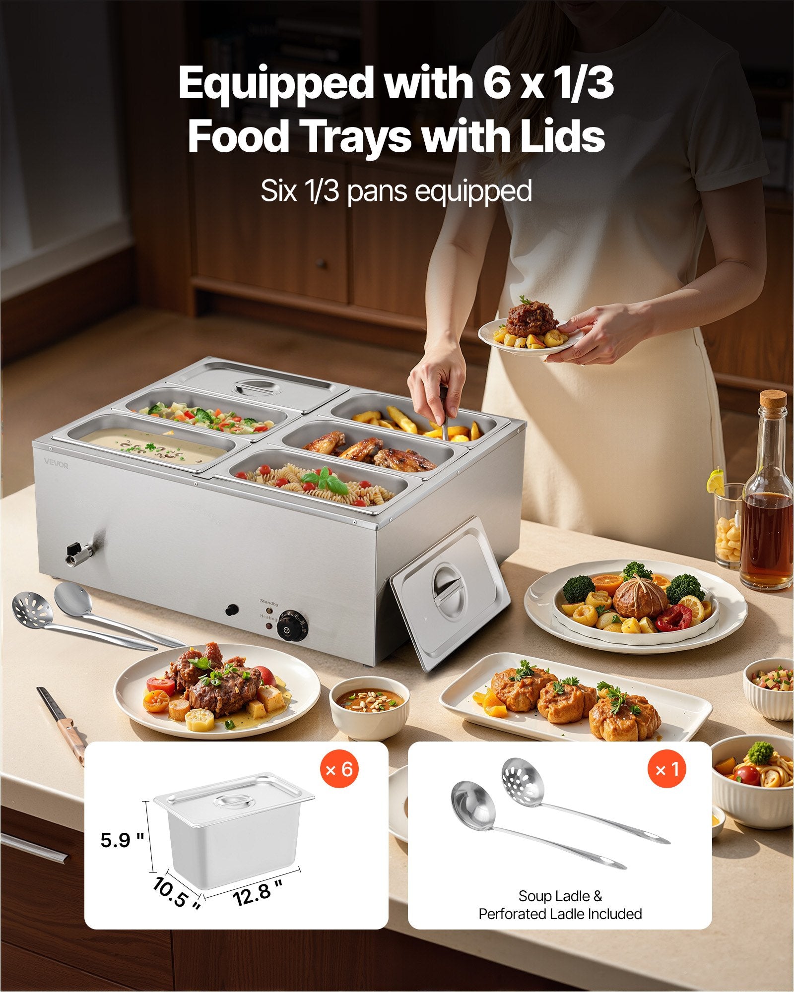 Food Warmers & Chafing Dishes: VEVOR Commercial Food Warmer, 1500W Electric Stainless Steel Steam Food Warmer with Lid, 6-Pan Fast Heating Countertop Buffet Bain Marie with Soup & Perforated Ladles, for Catering, Restaurant, Party
