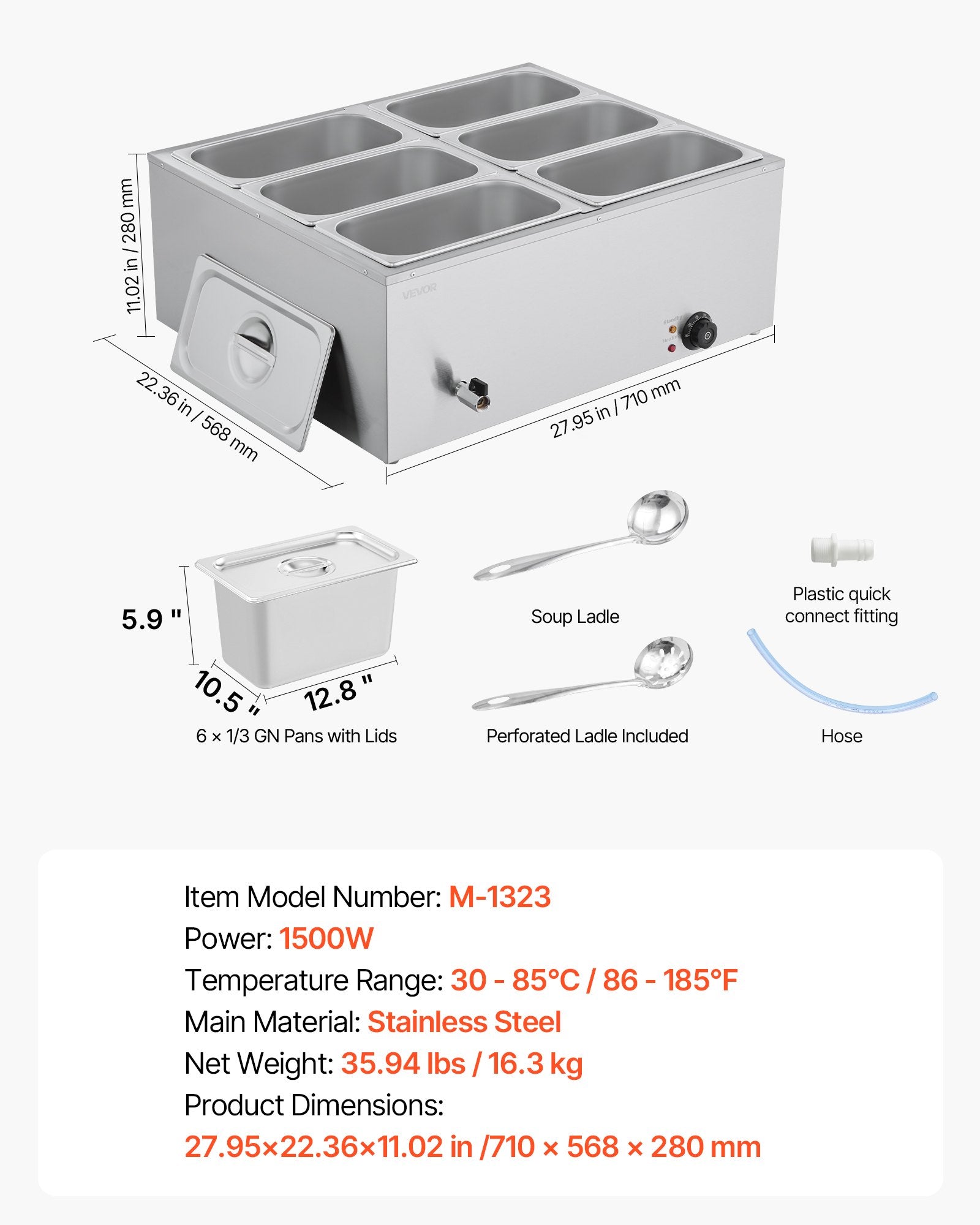 Food Warmers & Chafing Dishes: VEVOR Commercial Food Warmer, 1500W Electric Stainless Steel Steam Food Warmer with Lid, 6-Pan Fast Heating Countertop Buffet Bain Marie with Soup & Perforated Ladles, for Catering, Restaurant, Party