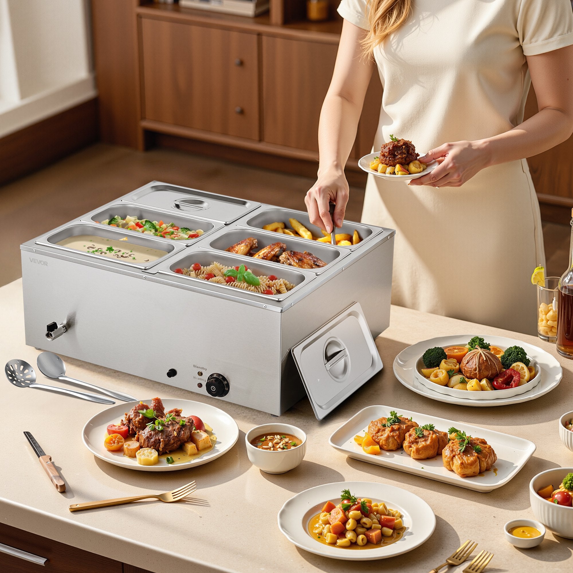 Food Warmers & Chafing Dishes: VEVOR Commercial Food Warmer, 1500W Electric Stainless Steel Steam Food Warmer with Lid, 6-Pan Fast Heating Countertop Buffet Bain Marie with Soup & Perforated Ladles, for Catering, Restaurant, Party