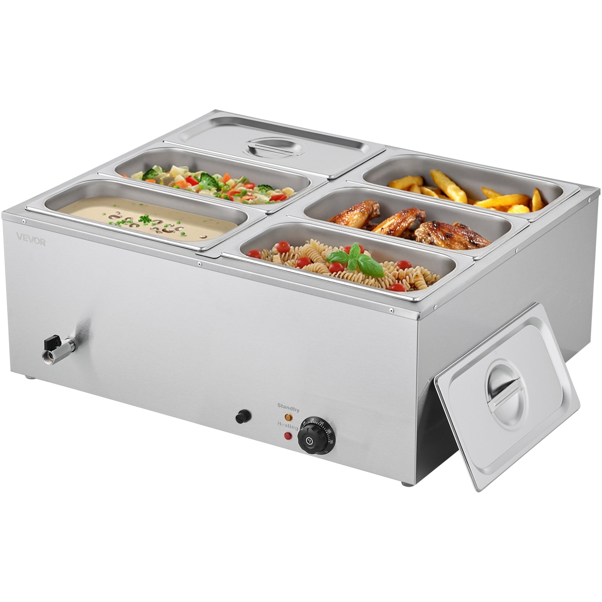 Food Warmers & Chafing Dishes: VEVOR Commercial Food Warmer, 1500W Electric Stainless Steel Steam Food Warmer with Lid, 6-Pan Fast Heating Countertop Buffet Bain Marie with Soup & Perforated Ladles, for Catering, Restaurant, Party
