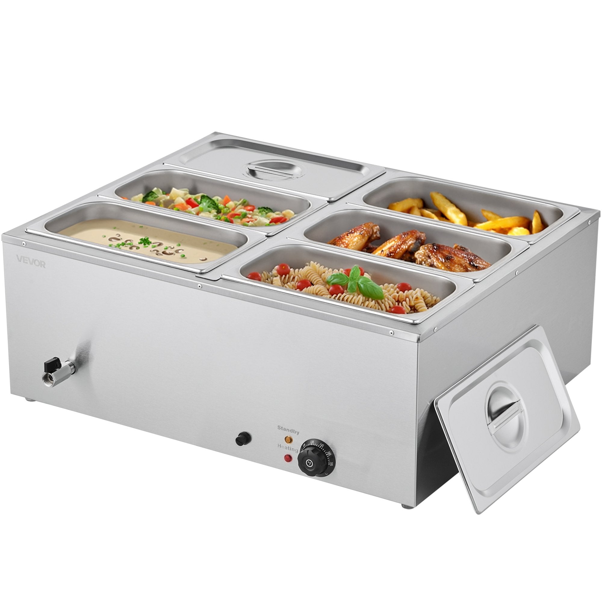 Food Warmers & Chafing Dishes: VEVOR Commercial Food Warmer, 1500W Electric Stainless Steel Steam Food Warmer with Lid, 6-Pan Fast Heating Countertop Buffet Bain Marie with Soup & Perforated Ladles, for Catering, Restaurant, Party