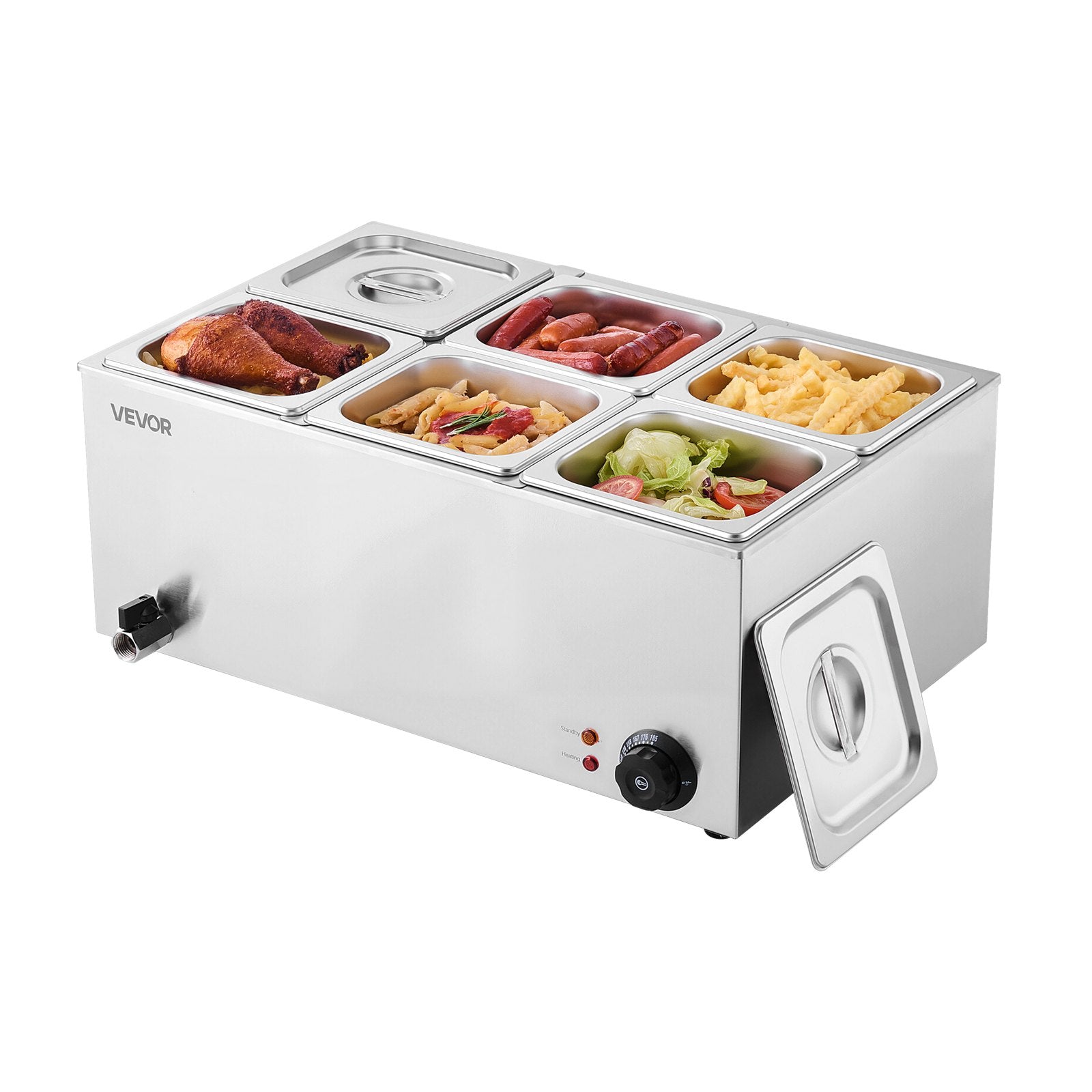 Commercial Food Warmer, 6-Pan Electric Steam Table, 1200W Professional Countertop Stainless Steel Buffet Bain Marie with 30-85°C Temp Control for Catering, Buffet, Parties, Restaurants