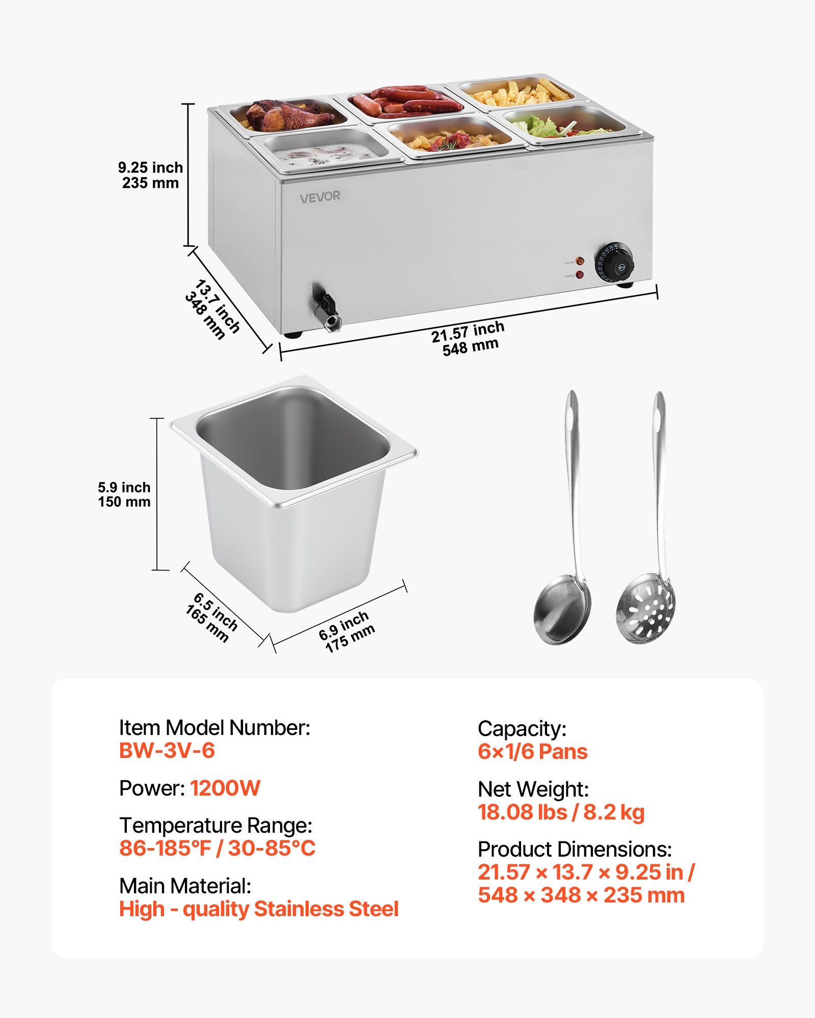 Commercial Food Warmer, 6-Pan Electric Steam Table, 1200W Professional Countertop Stainless Steel Buffet Bain Marie with 30-85°C Temp Control for Catering, Buffet, Parties, Restaurants