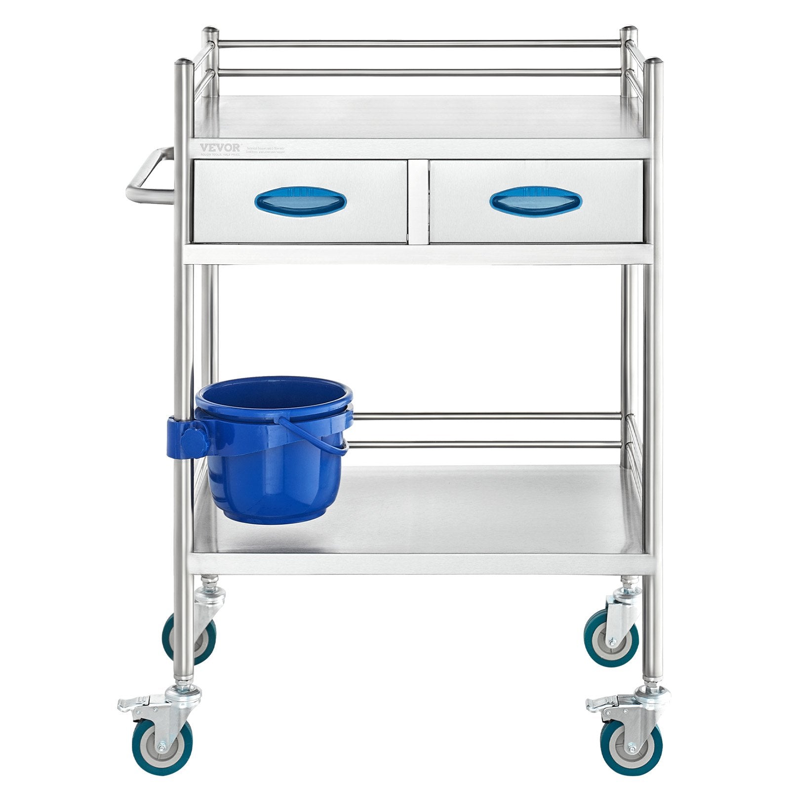 Kitchen & Dining Trolleys: VEVOR Lab Serving Cart, 2 Layers Stainless Steel Utility Rolling Cart, Medical Cart with Two Drawers, Dental Utility Cart with Lockable Wheels and A Bucket, for Laboratory, Hospital, Dental Use