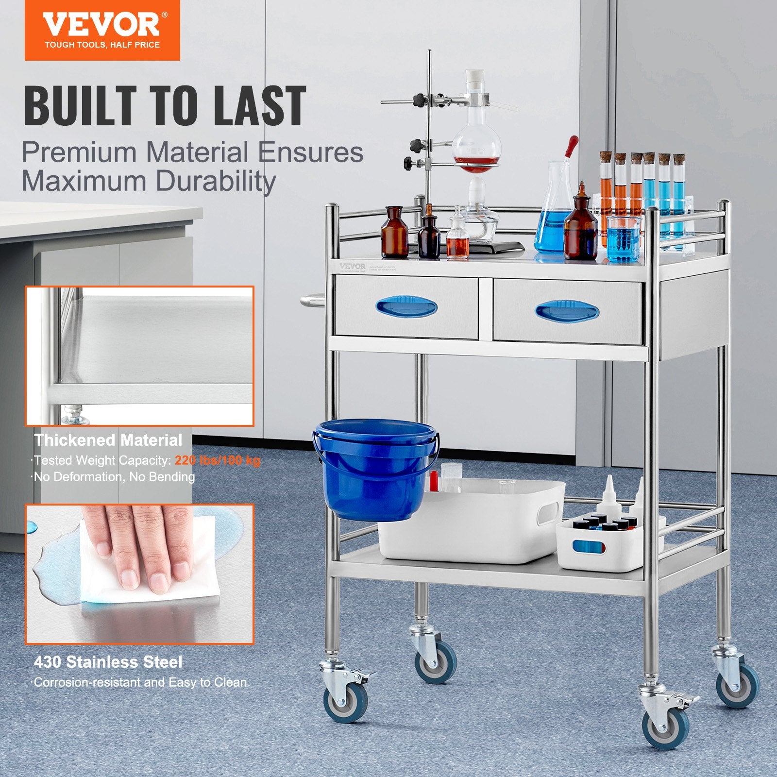 Kitchen & Dining Trolleys: VEVOR Lab Serving Cart, 2 Layers Stainless Steel Utility Rolling Cart, Medical Cart with Two Drawers, Dental Utility Cart with Lockable Wheels and A Bucket, for Laboratory, Hospital, Dental Use