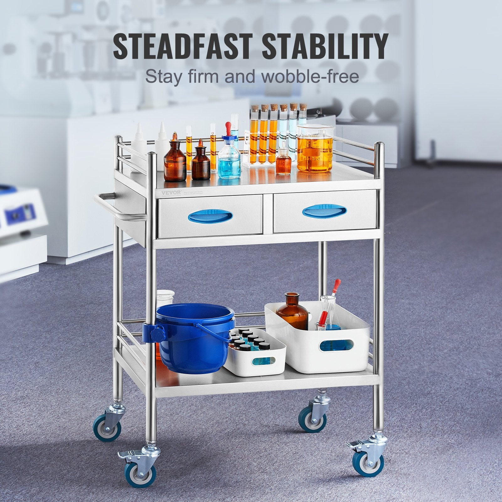 Kitchen & Dining Trolleys: VEVOR Lab Serving Cart, 2 Layers Stainless Steel Utility Rolling Cart, Medical Cart with Two Drawers, Dental Utility Cart with Lockable Wheels and A Bucket, for Laboratory, Hospital, Dental Use