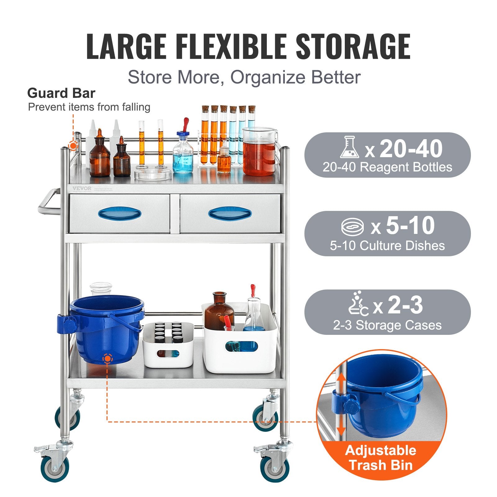 Kitchen & Dining Trolleys: VEVOR Lab Serving Cart, 2 Layers Stainless Steel Utility Rolling Cart, Medical Cart with Two Drawers, Dental Utility Cart with Lockable Wheels and A Bucket, for Laboratory, Hospital, Dental Use