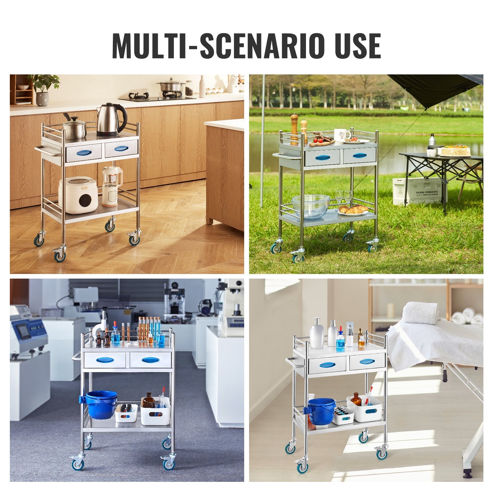 Kitchen & Dining Trolleys: VEVOR Lab Serving Cart, 2 Layers Stainless Steel Utility Rolling Cart, Medical Cart with Two Drawers, Dental Utility Cart with Lockable Wheels and A Bucket, for Laboratory, Hospital, Dental Use