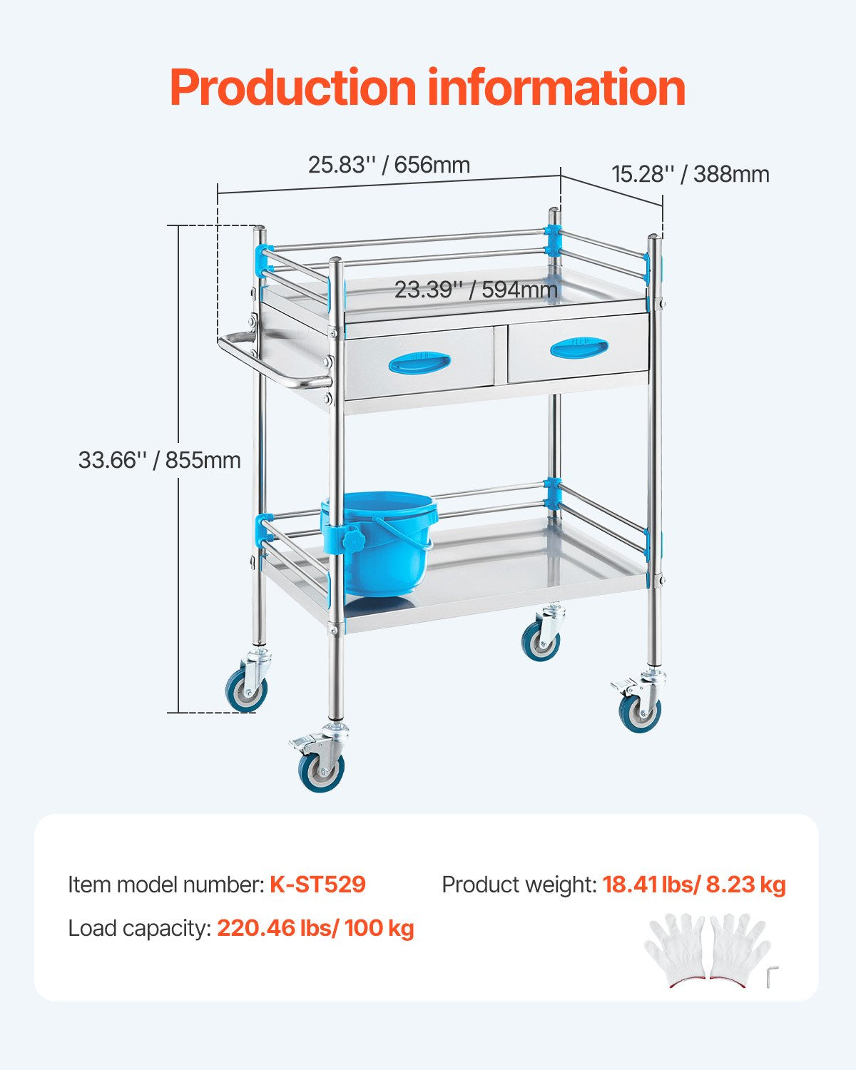 Kitchen & Dining Trolleys: VEVOR Lab Serving Cart, 2 Layers Stainless Steel Utility Rolling Cart, Medical Cart with Two Drawers, Dental Utility Cart with Lockable Wheels and A Bucket, for Laboratory, Hospital, Dental Use