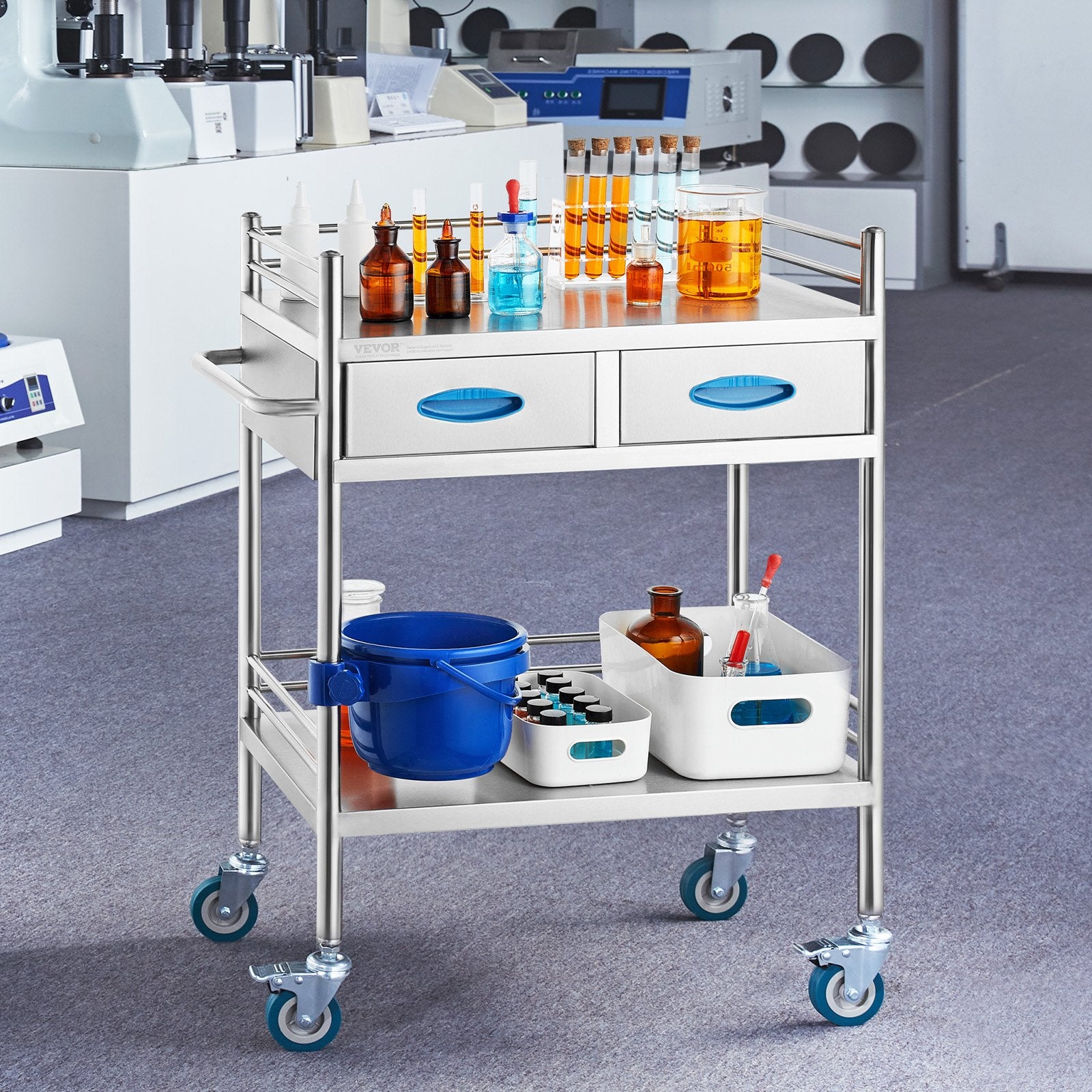 Kitchen & Dining Trolleys: VEVOR Lab Serving Cart, 2 Layers Stainless Steel Utility Rolling Cart, Medical Cart with Two Drawers, Dental Utility Cart with Lockable Wheels and A Bucket, for Laboratory, Hospital, Dental Use