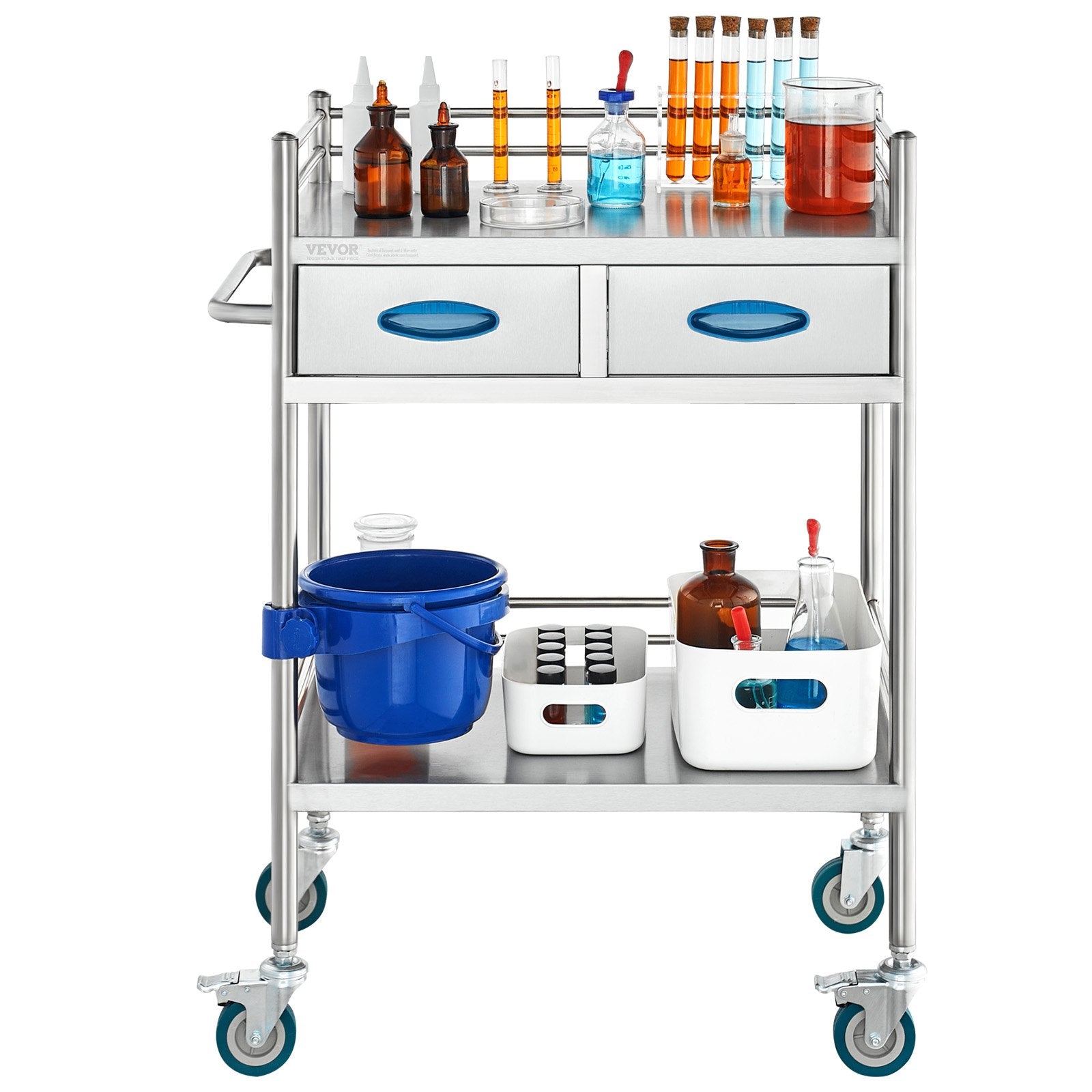 Kitchen & Dining Trolleys: VEVOR Lab Serving Cart, 2 Layers Stainless Steel Utility Rolling Cart, Medical Cart with Two Drawers, Dental Utility Cart with Lockable Wheels and A Bucket, for Laboratory, Hospital, Dental Use