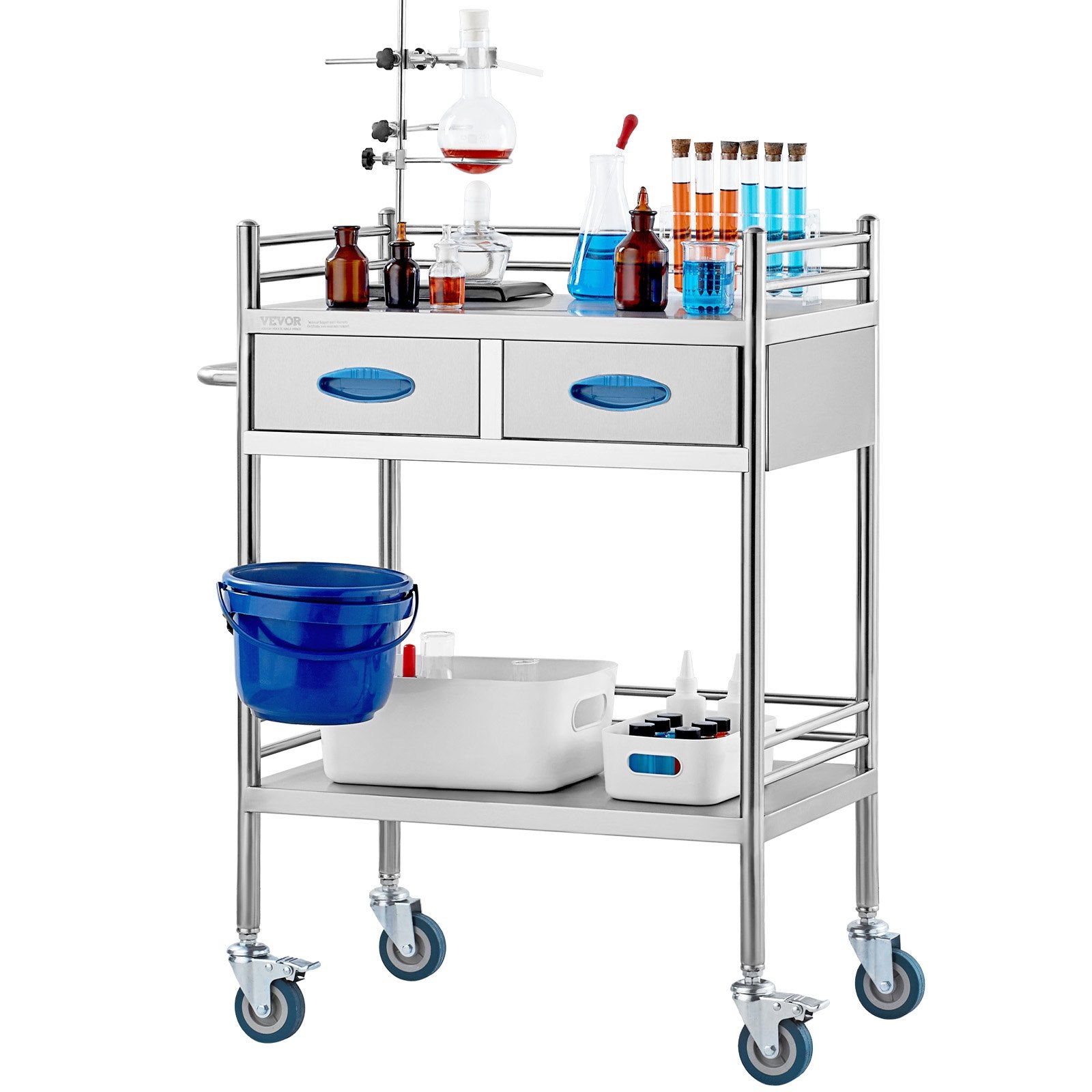 Kitchen & Dining Trolleys: VEVOR Lab Serving Cart, 2 Layers Stainless Steel Utility Rolling Cart, Medical Cart with Two Drawers, Dental Utility Cart with Lockable Wheels and A Bucket, for Laboratory, Hospital, Dental Use