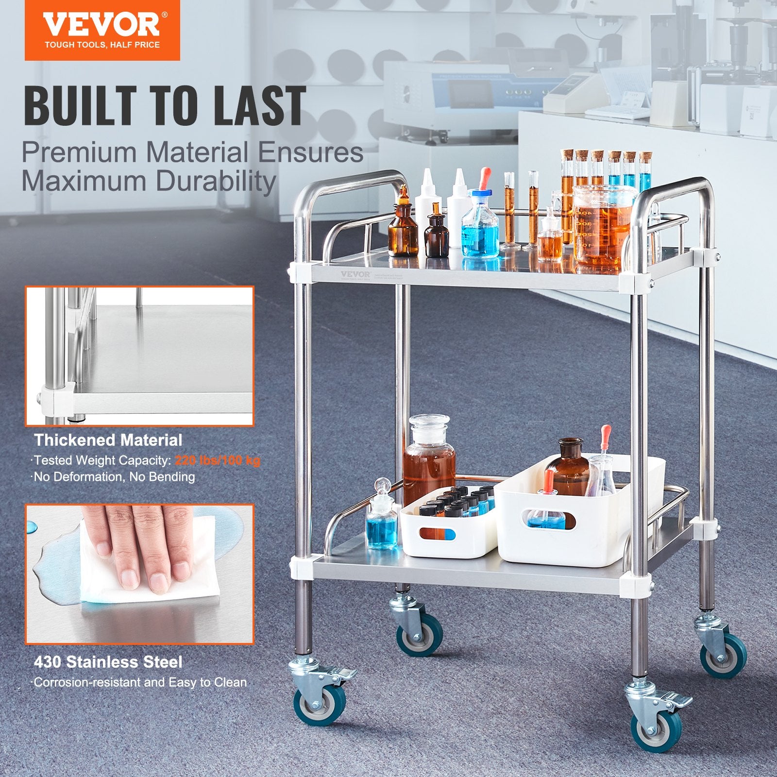 Utility Trolleys: VEVOR Lab Rolling Cart, 2-Shelf Stainless Steel Rolling Cart, Lab Serving Cart with Swivel Casters, Dental Utility Cart for Clinic, Lab,  Hospital, Salon, 15.16"x21.57"x34.06"