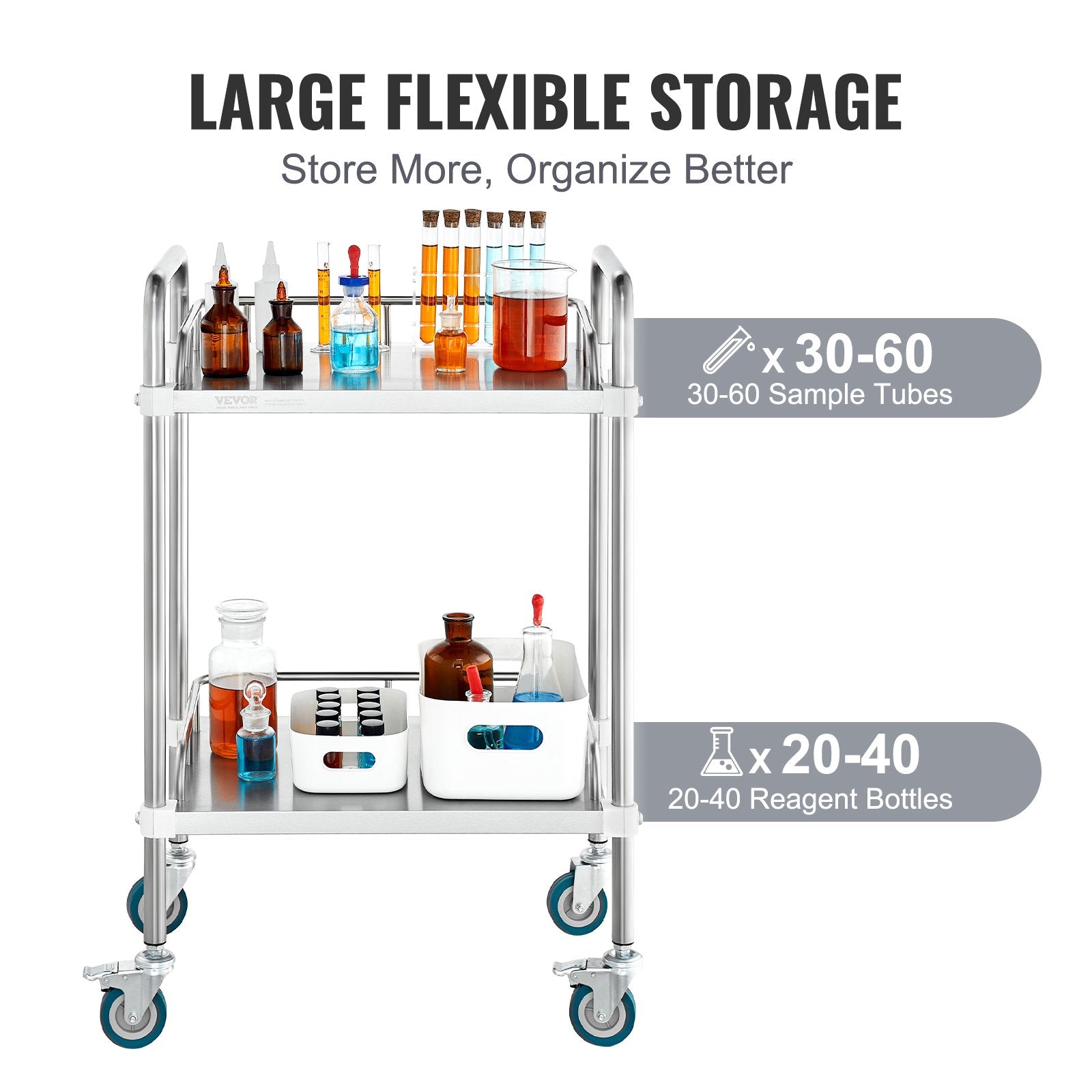 Utility Trolleys: VEVOR Lab Rolling Cart, 2-Shelf Stainless Steel Rolling Cart, Lab Serving Cart with Swivel Casters, Dental Utility Cart for Clinic, Lab,  Hospital, Salon, 15.16"x21.57"x34.06"
