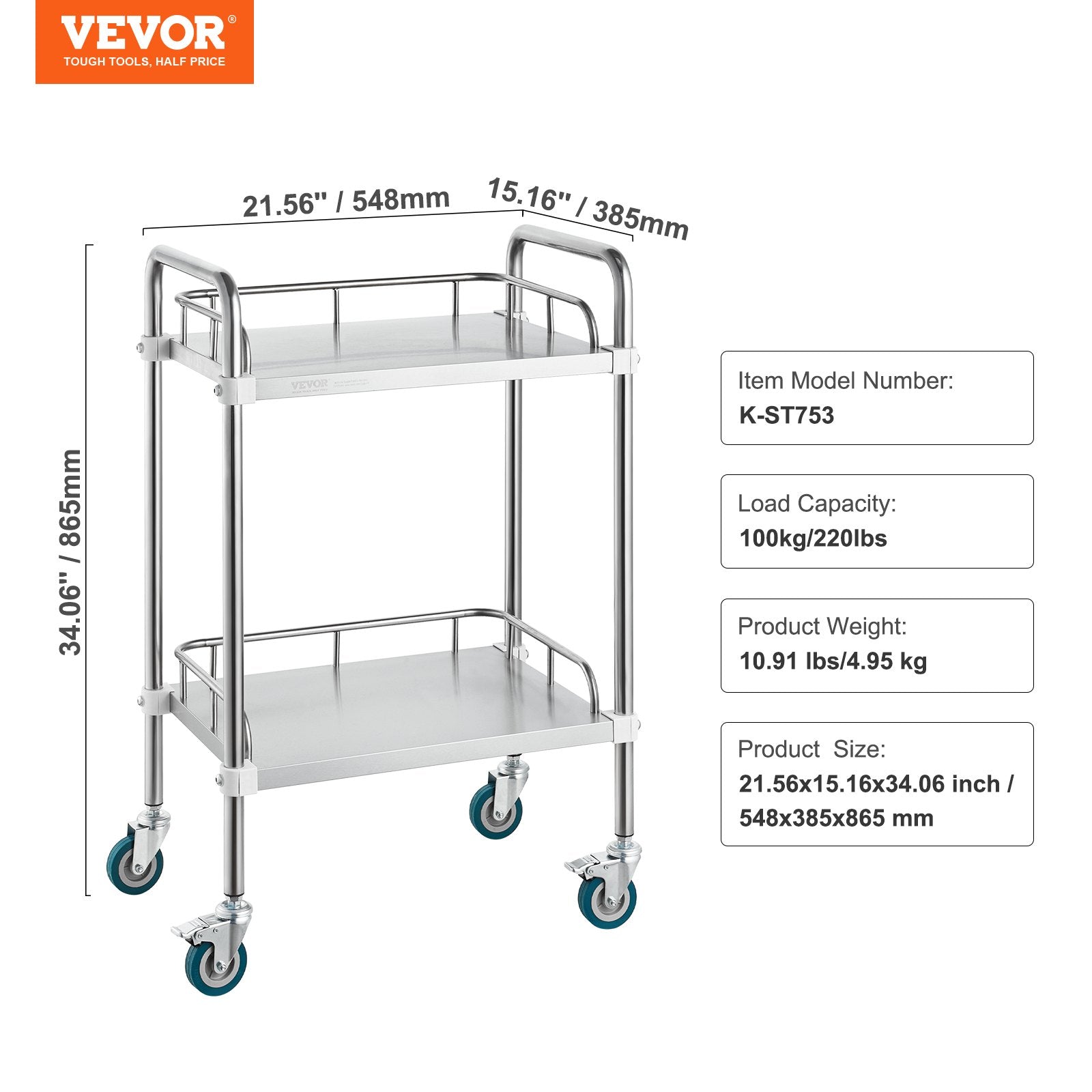 Utility Trolleys: VEVOR Lab Rolling Cart, 2-Shelf Stainless Steel Rolling Cart, Lab Serving Cart with Swivel Casters, Dental Utility Cart for Clinic, Lab,  Hospital, Salon, 15.16"x21.57"x34.06"