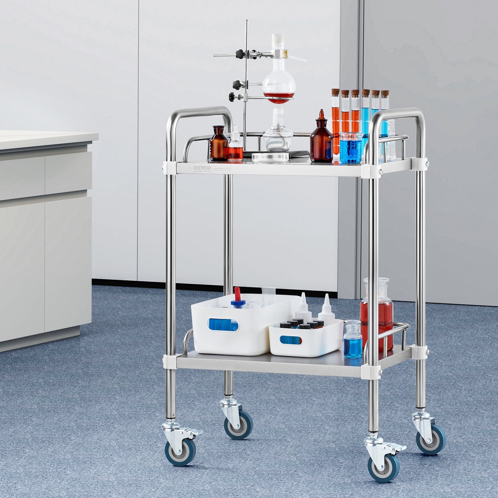 Utility Trolleys: VEVOR Lab Rolling Cart, 2-Shelf Stainless Steel Rolling Cart, Lab Serving Cart with Swivel Casters, Dental Utility Cart for Clinic, Lab,  Hospital, Salon, 15.16"x21.57"x34.06"