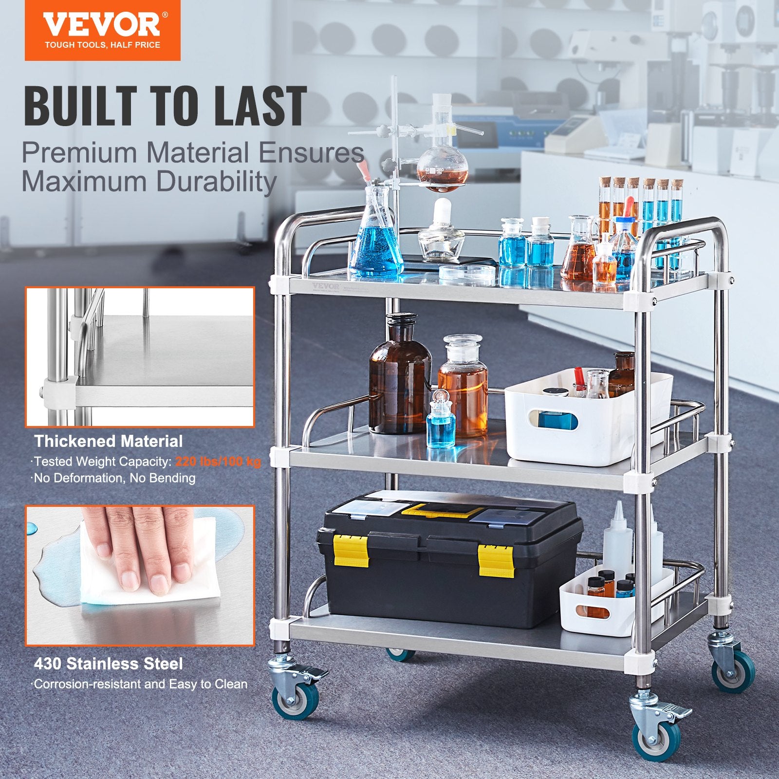 Kitchen & Dining Trolleys: VEVOR Lab Rolling Cart, 3-Shelf Stainless Steel Rolling Cart, Lab Serving Cart with Swivel Casters, Dental Utility Cart for Clinic, Lab,  Hospital, Salon, 26.38"x15.55"x34.13"