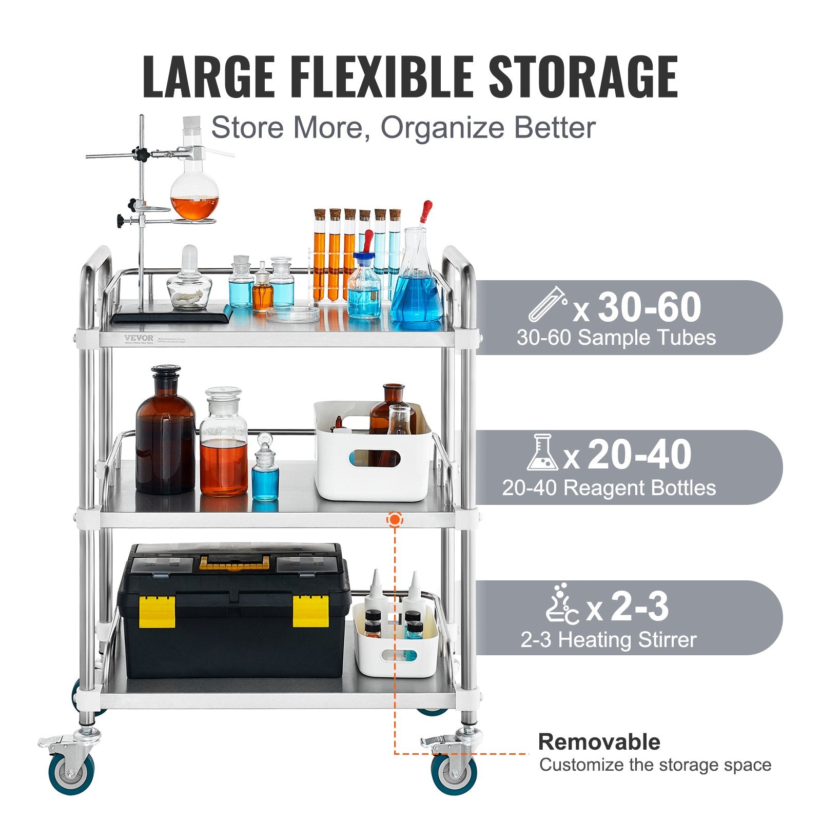 Kitchen & Dining Trolleys: VEVOR Lab Rolling Cart, 3-Shelf Stainless Steel Rolling Cart, Lab Serving Cart with Swivel Casters, Dental Utility Cart for Clinic, Lab,  Hospital, Salon, 26.38"x15.55"x34.13"
