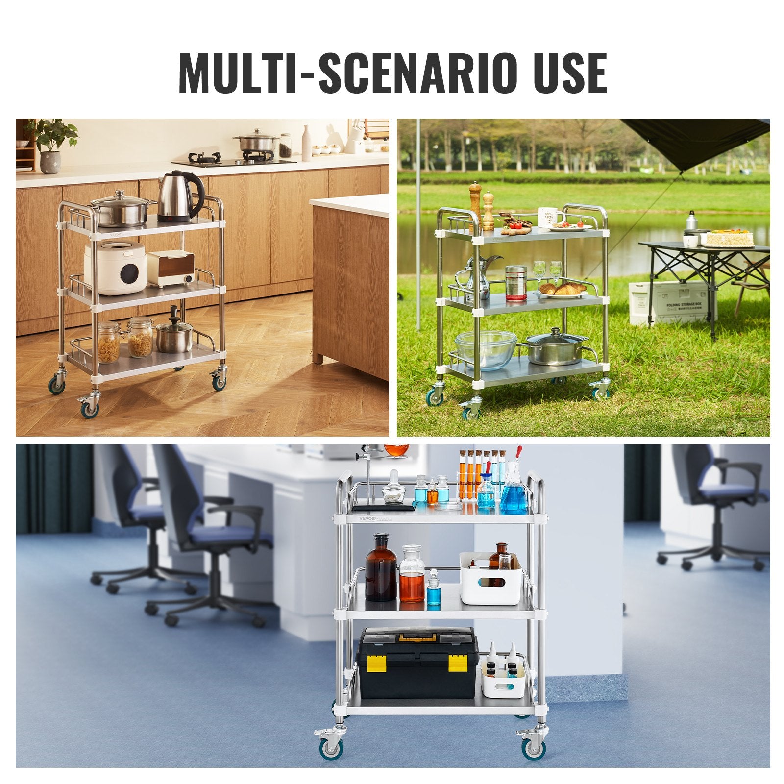Kitchen & Dining Trolleys: VEVOR Lab Rolling Cart, 3-Shelf Stainless Steel Rolling Cart, Lab Serving Cart with Swivel Casters, Dental Utility Cart for Clinic, Lab,  Hospital, Salon, 26.38"x15.55"x34.13"