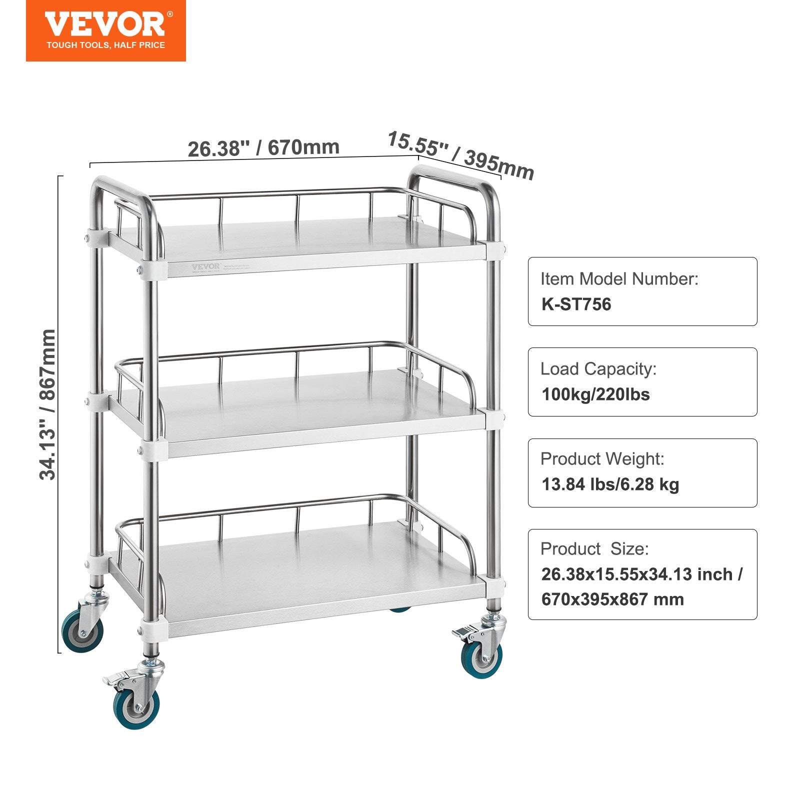 Kitchen & Dining Trolleys: VEVOR Lab Rolling Cart, 3-Shelf Stainless Steel Rolling Cart, Lab Serving Cart with Swivel Casters, Dental Utility Cart for Clinic, Lab,  Hospital, Salon, 26.38"x15.55"x34.13"