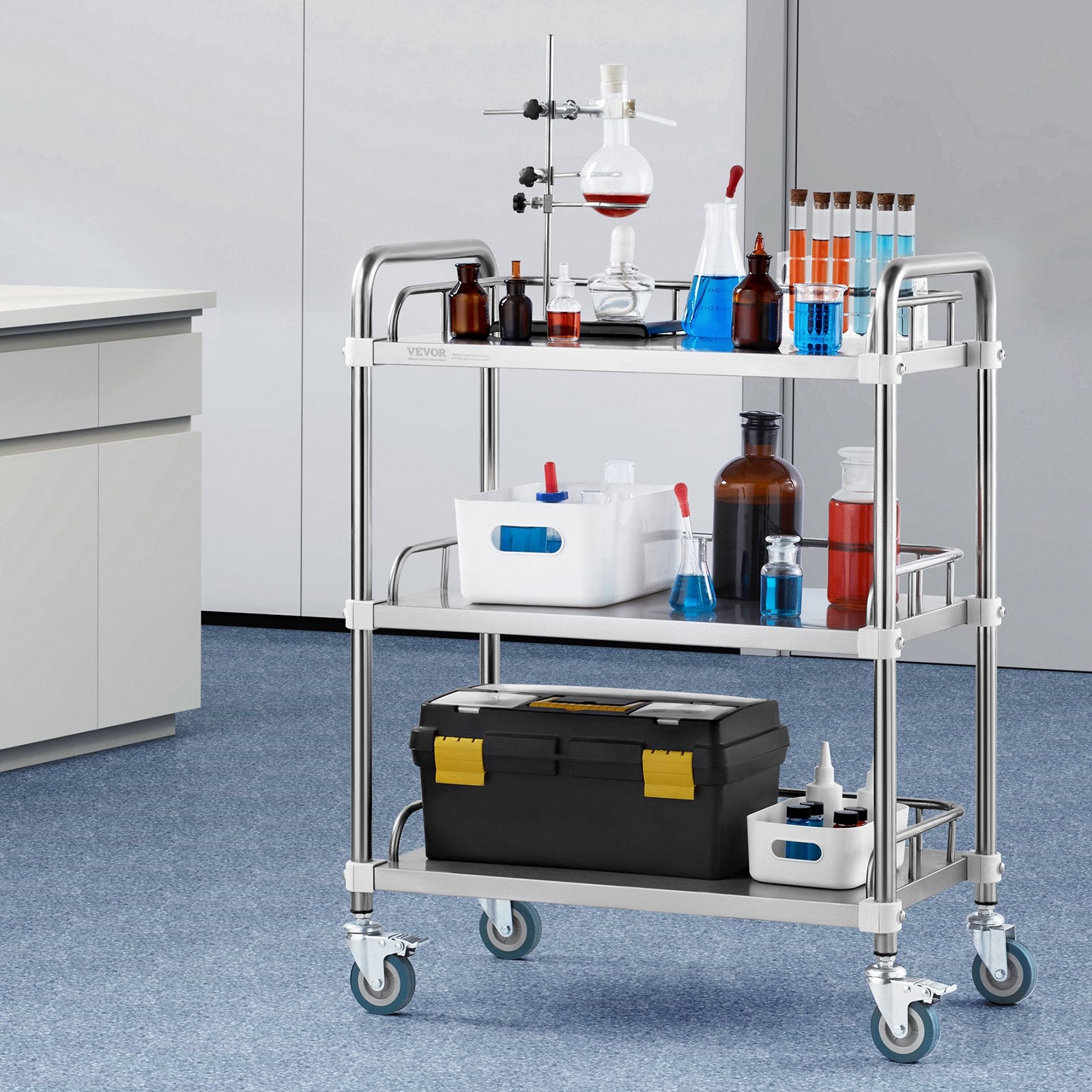 Kitchen & Dining Trolleys: VEVOR Lab Rolling Cart, 3-Shelf Stainless Steel Rolling Cart, Lab Serving Cart with Swivel Casters, Dental Utility Cart for Clinic, Lab,  Hospital, Salon, 26.38"x15.55"x34.13"