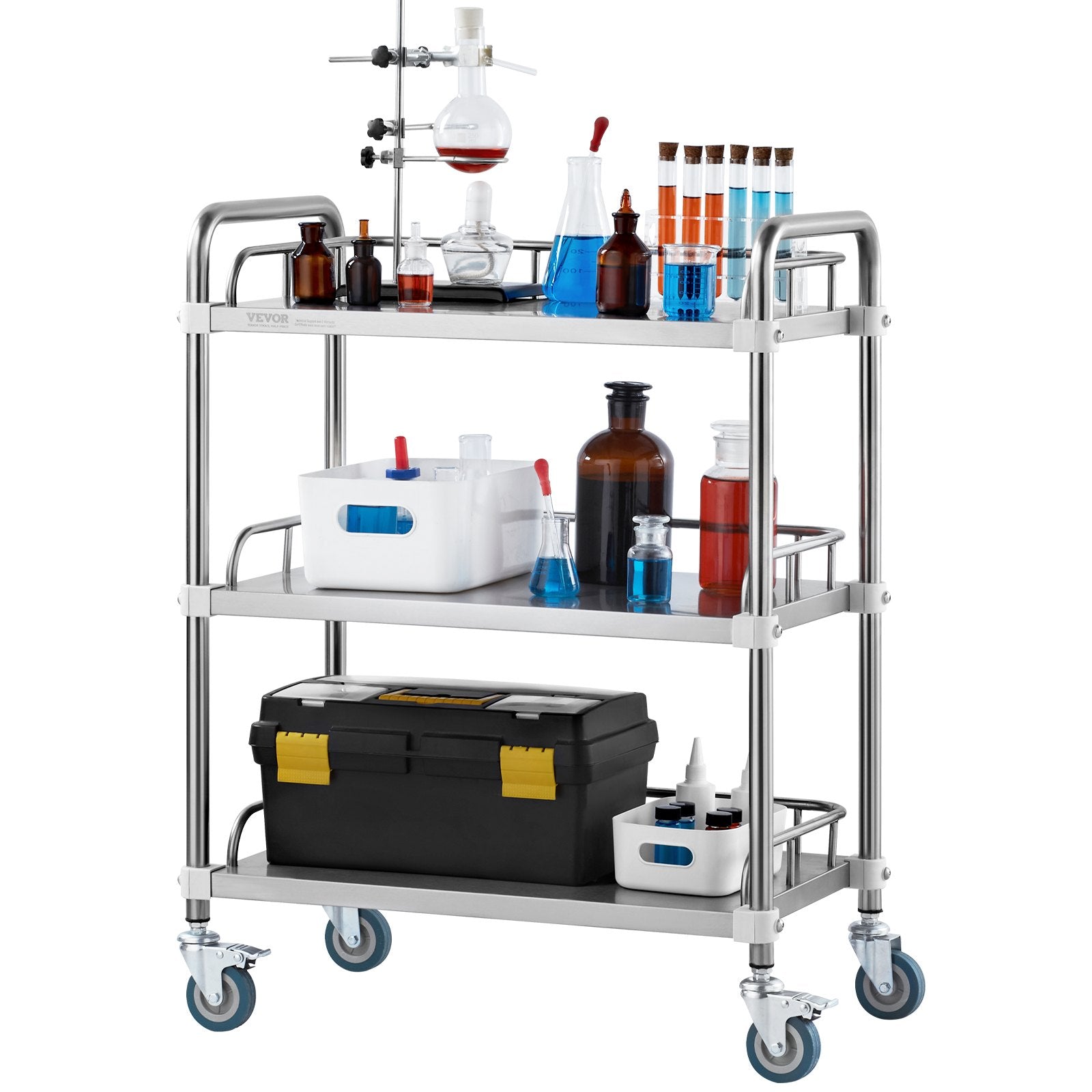 Kitchen & Dining Trolleys: VEVOR Lab Rolling Cart, 3-Shelf Stainless Steel Rolling Cart, Lab Serving Cart with Swivel Casters, Dental Utility Cart for Clinic, Lab,  Hospital, Salon, 26.38"x15.55"x34.13"