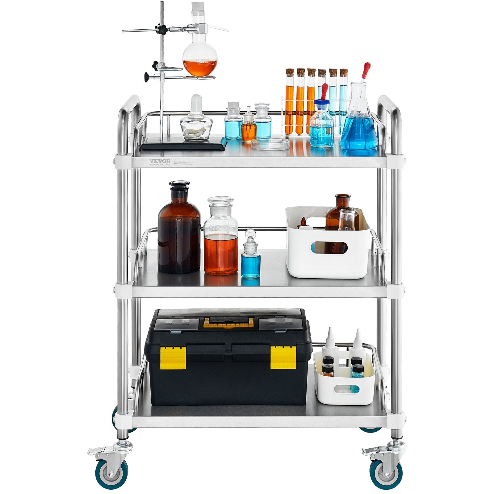 Kitchen & Dining Trolleys: VEVOR Lab Rolling Cart, 3-Shelf Stainless Steel Rolling Cart, Lab Serving Cart with Swivel Casters, Dental Utility Cart for Clinic, Lab,  Hospital, Salon, 26.38"x15.55"x34.13"