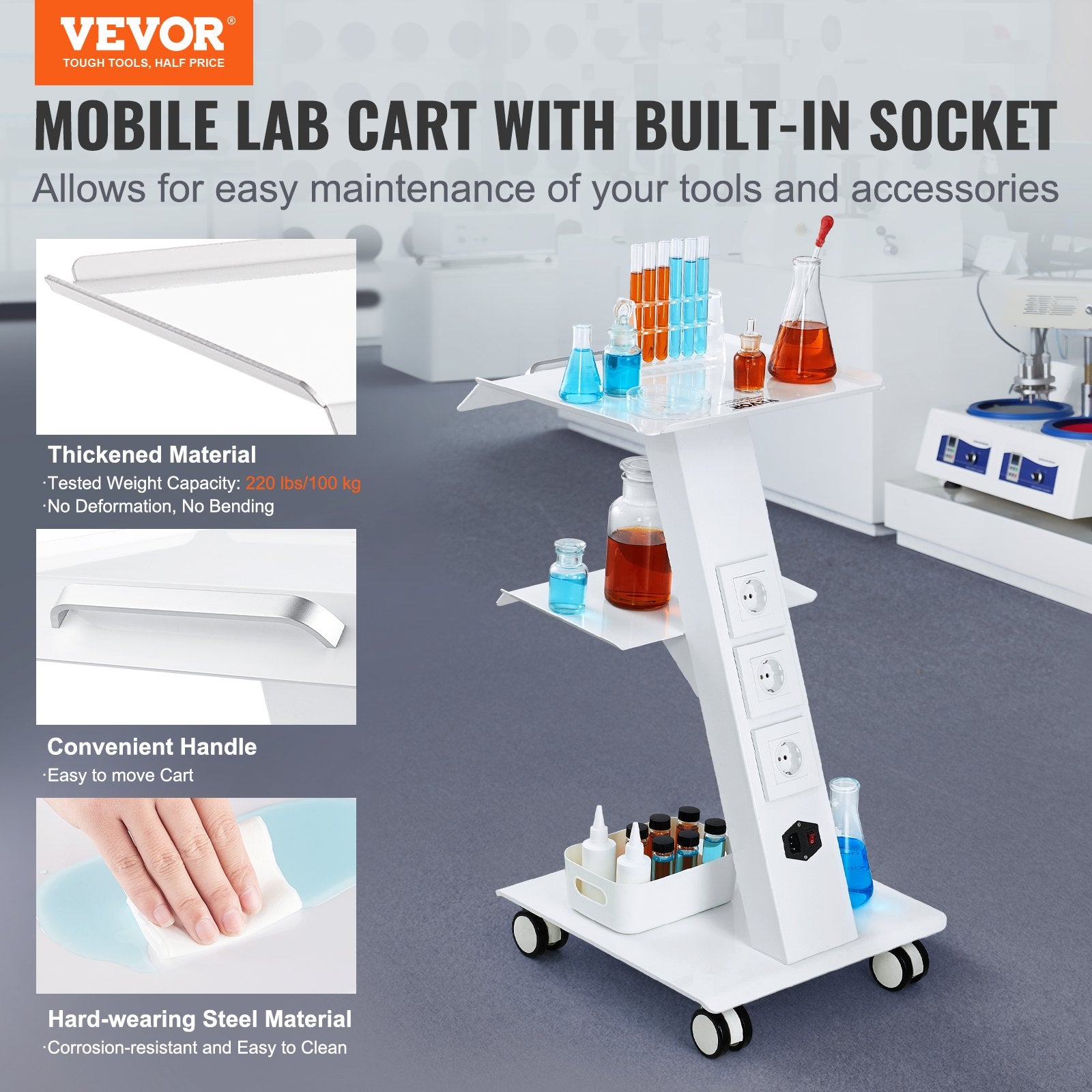 Kitchen & Dining Trolleys: VEVOR Trolley Cart Dental Lab Mobile Rolling Serving Cart 3 Layers with Socket