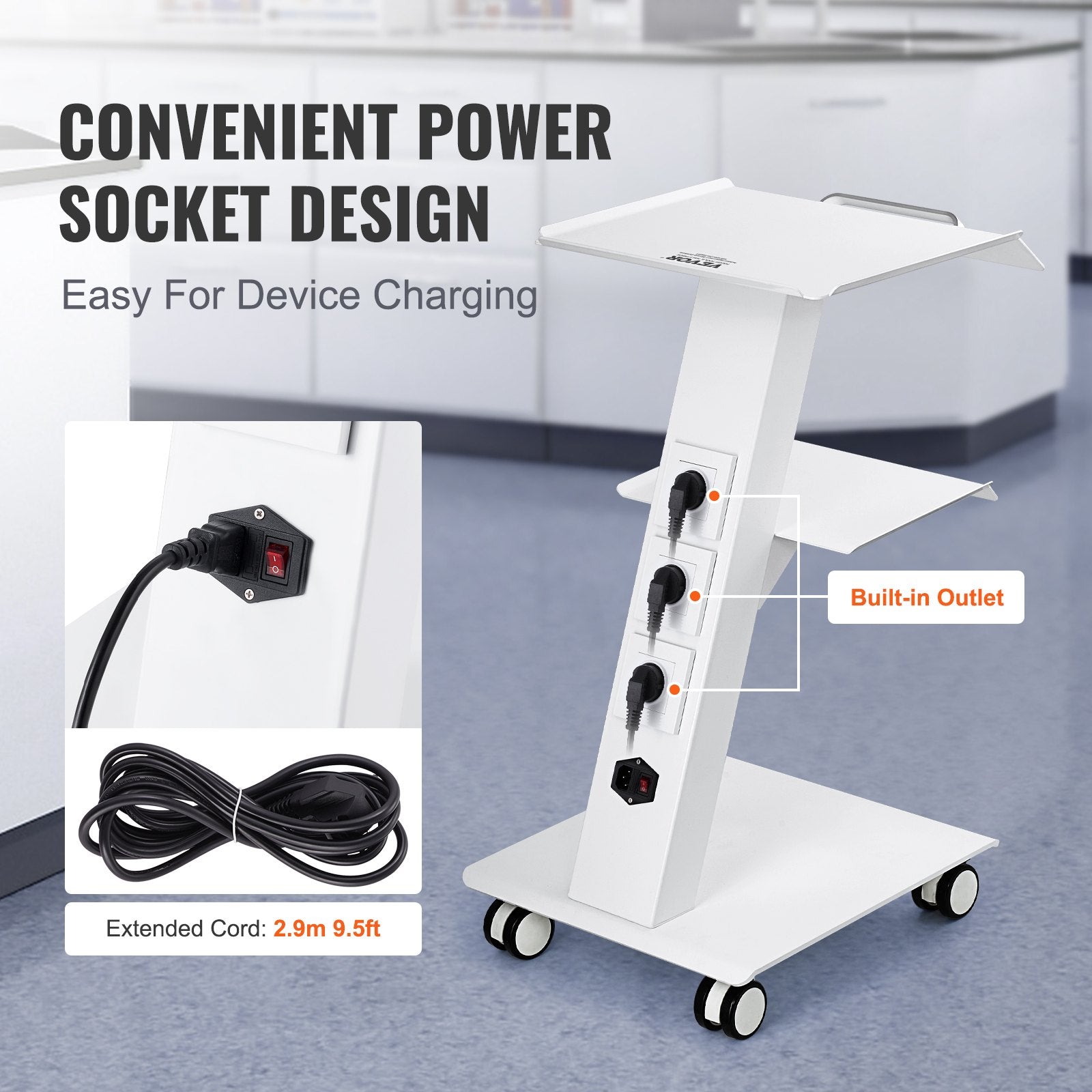 Kitchen & Dining Trolleys: VEVOR Trolley Cart Dental Lab Mobile Rolling Serving Cart 3 Layers with Socket