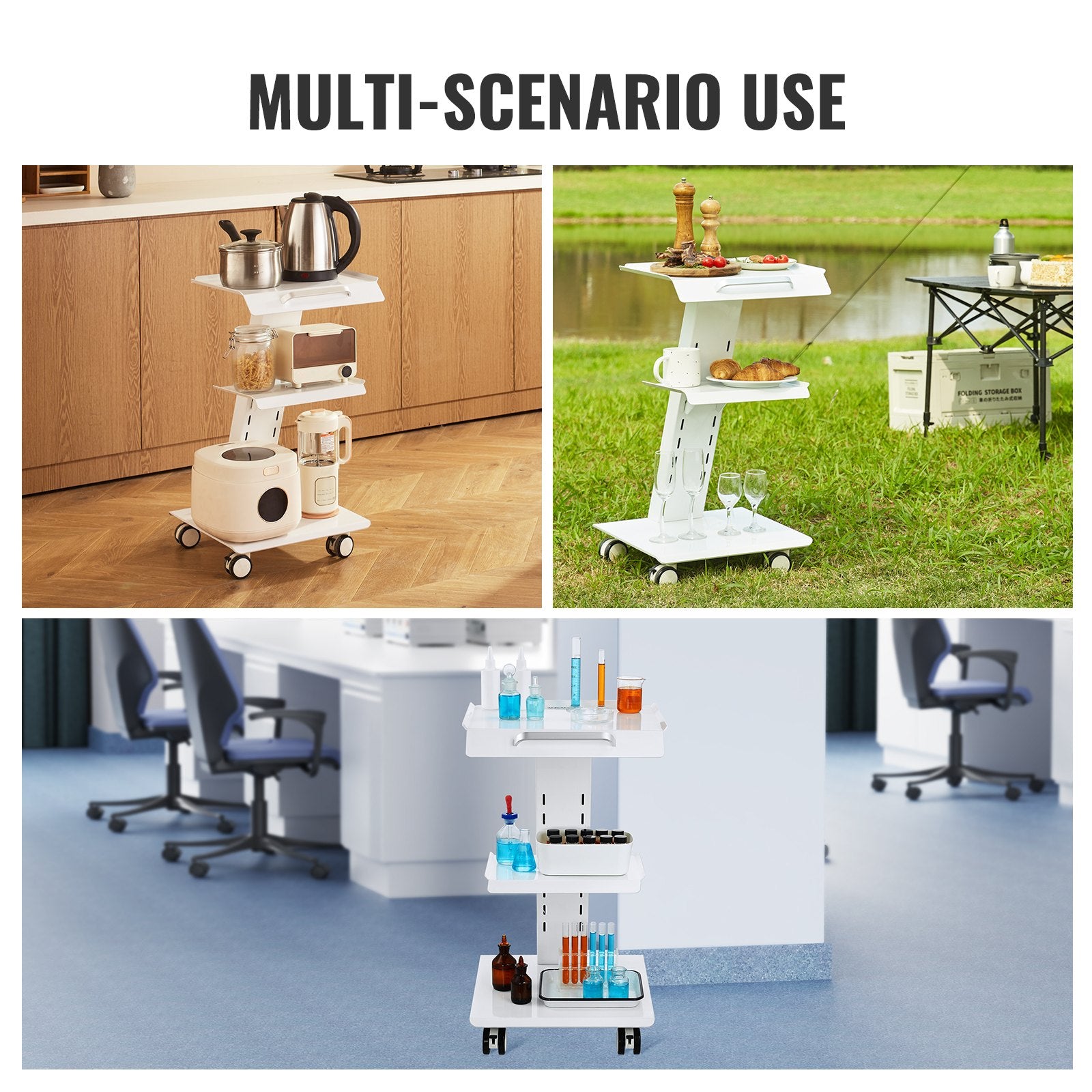 Kitchen & Dining Trolleys: VEVOR Trolley Cart Dental Lab Mobile Rolling Serving Cart 3 Layers with Socket