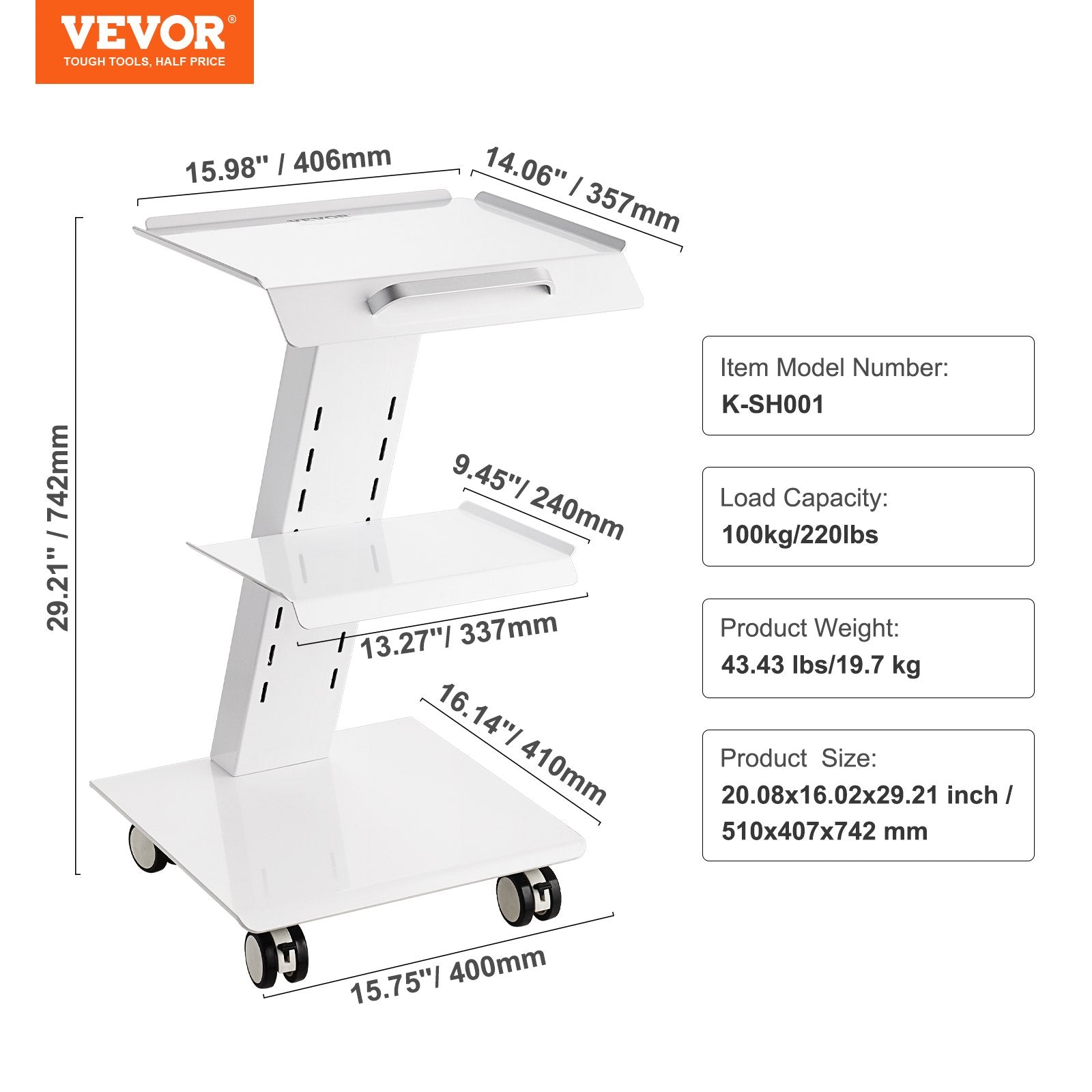 Kitchen & Dining Trolleys: VEVOR Trolley Cart Dental Lab Mobile Rolling Serving Cart 3 Layers with Socket