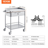 Kitchen & Dining Trolleys: VEVOR Medical Cart, 2 Layer stainless Steel Cart100 kg Weight Capacity Utility Cart Silent Wheels and a Drawer for Lab, Clinic, kitchen, Salon