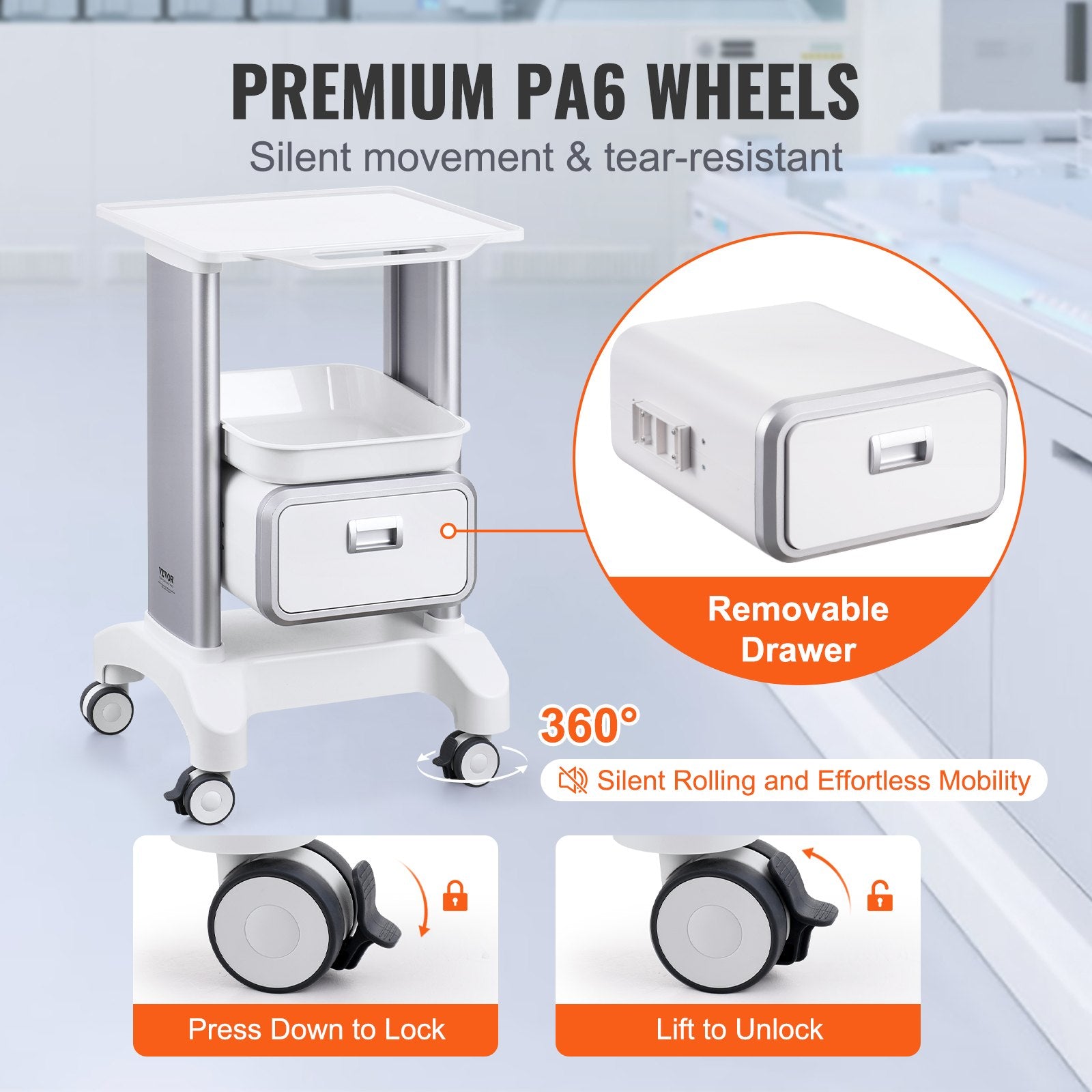 Kitchen & Dining Trolleys: VEVOR 2 Tiers Lab Carts Mobile Medical Cart with 1 Drawer & 1 Top Tray White