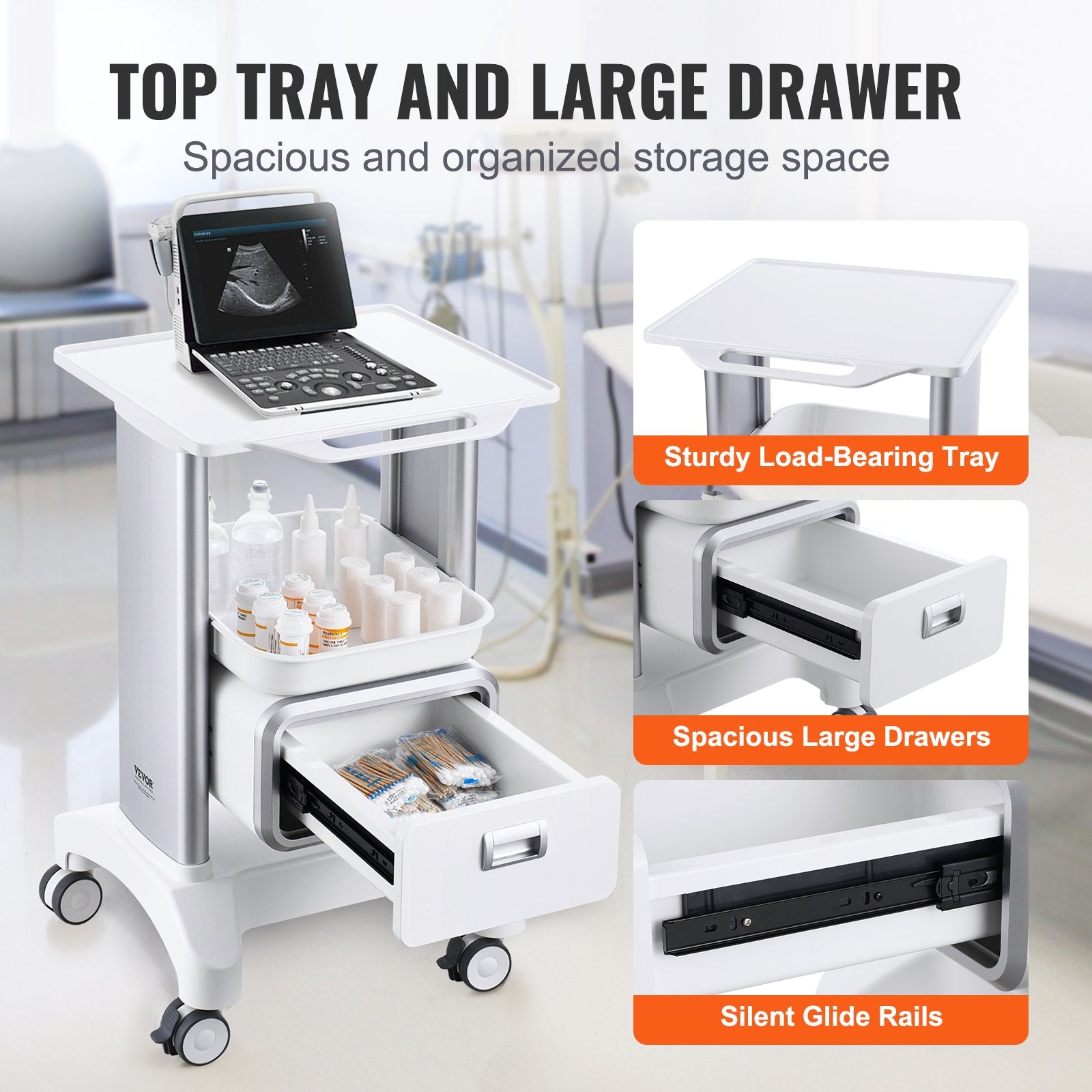 Kitchen & Dining Trolleys: VEVOR 2 Tiers Lab Carts Mobile Medical Cart with 1 Drawer & 1 Top Tray White