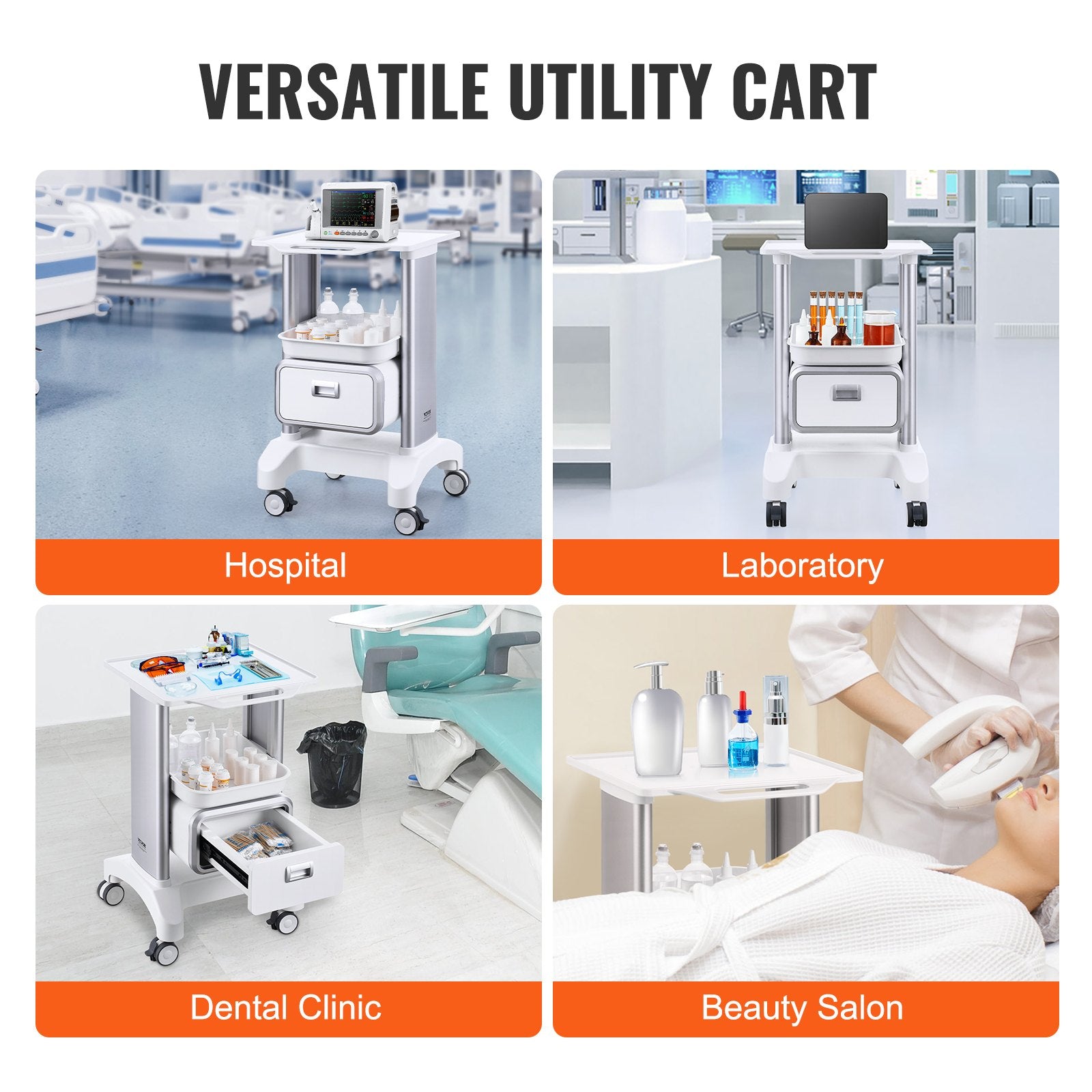Kitchen & Dining Trolleys: VEVOR 2 Tiers Lab Carts Mobile Medical Cart with 1 Drawer & 1 Top Tray White