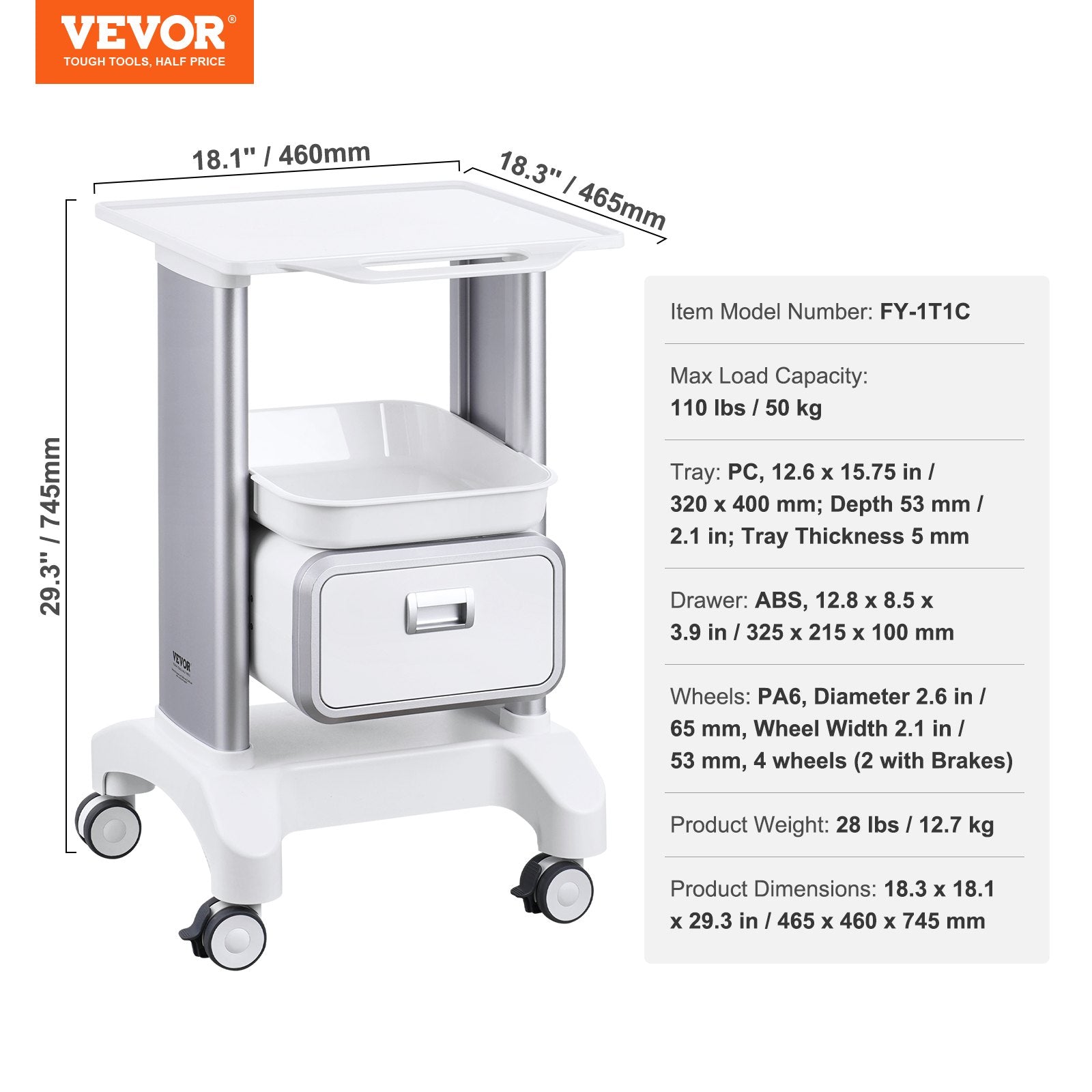 Kitchen & Dining Trolleys: VEVOR 2 Tiers Lab Carts Mobile Medical Cart with 1 Drawer & 1 Top Tray White
