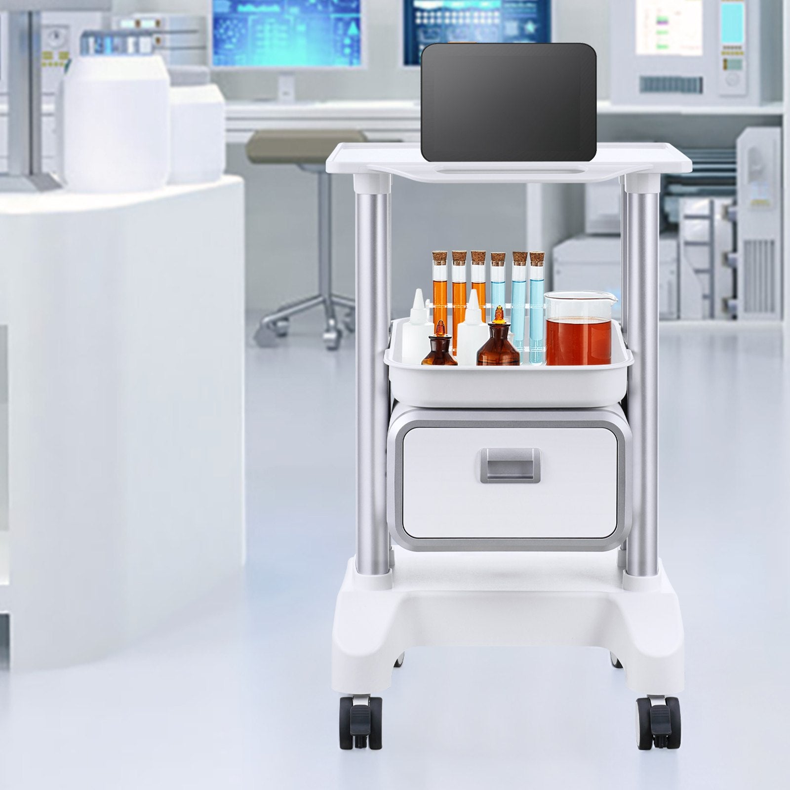 Kitchen & Dining Trolleys: VEVOR 2 Tiers Lab Carts Mobile Medical Cart with 1 Drawer & 1 Top Tray White