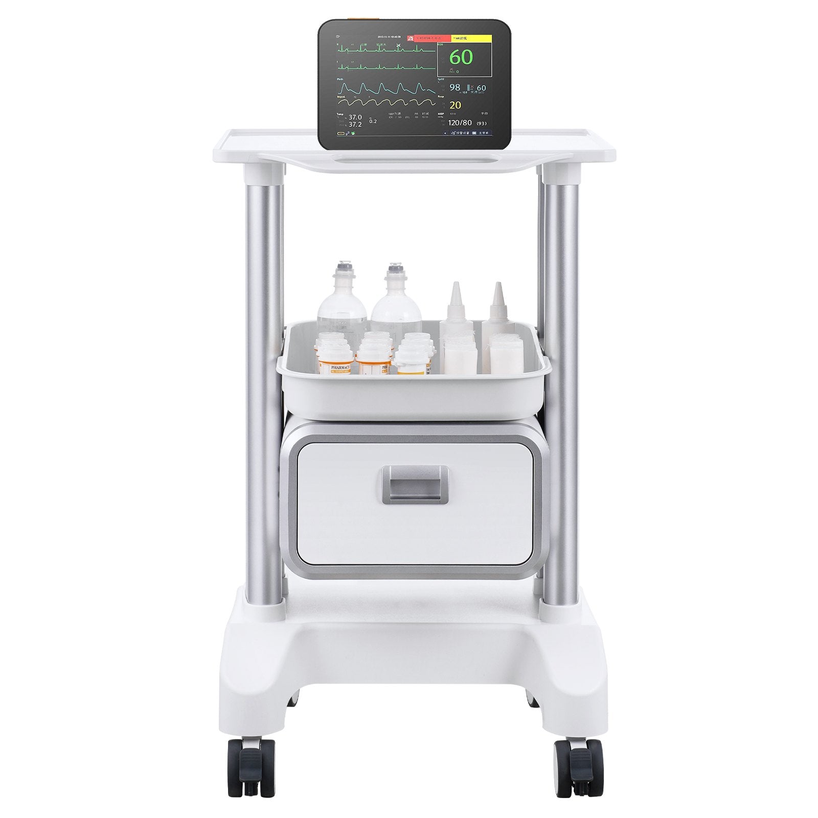 Kitchen & Dining Trolleys: VEVOR 2 Tiers Lab Carts Mobile Medical Cart with 1 Drawer & 1 Top Tray White