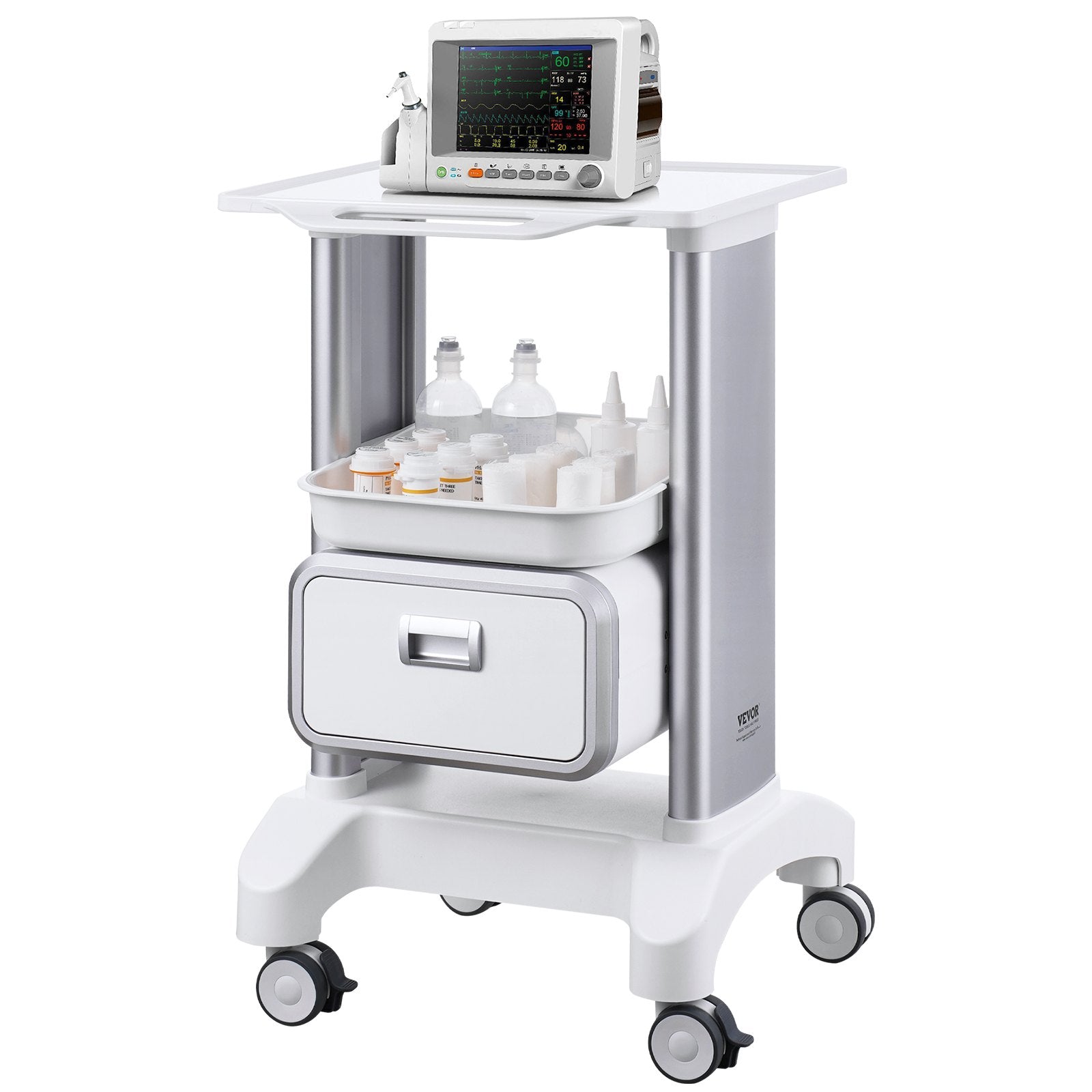 Kitchen & Dining Trolleys: VEVOR 2 Tiers Lab Carts Mobile Medical Cart with 1 Drawer & 1 Top Tray White