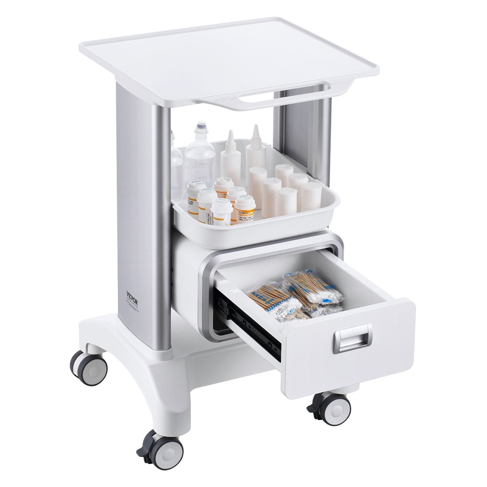 Kitchen & Dining Trolleys: VEVOR 2 Tiers Lab Carts Mobile Medical Cart with 1 Drawer & 1 Top Tray White
