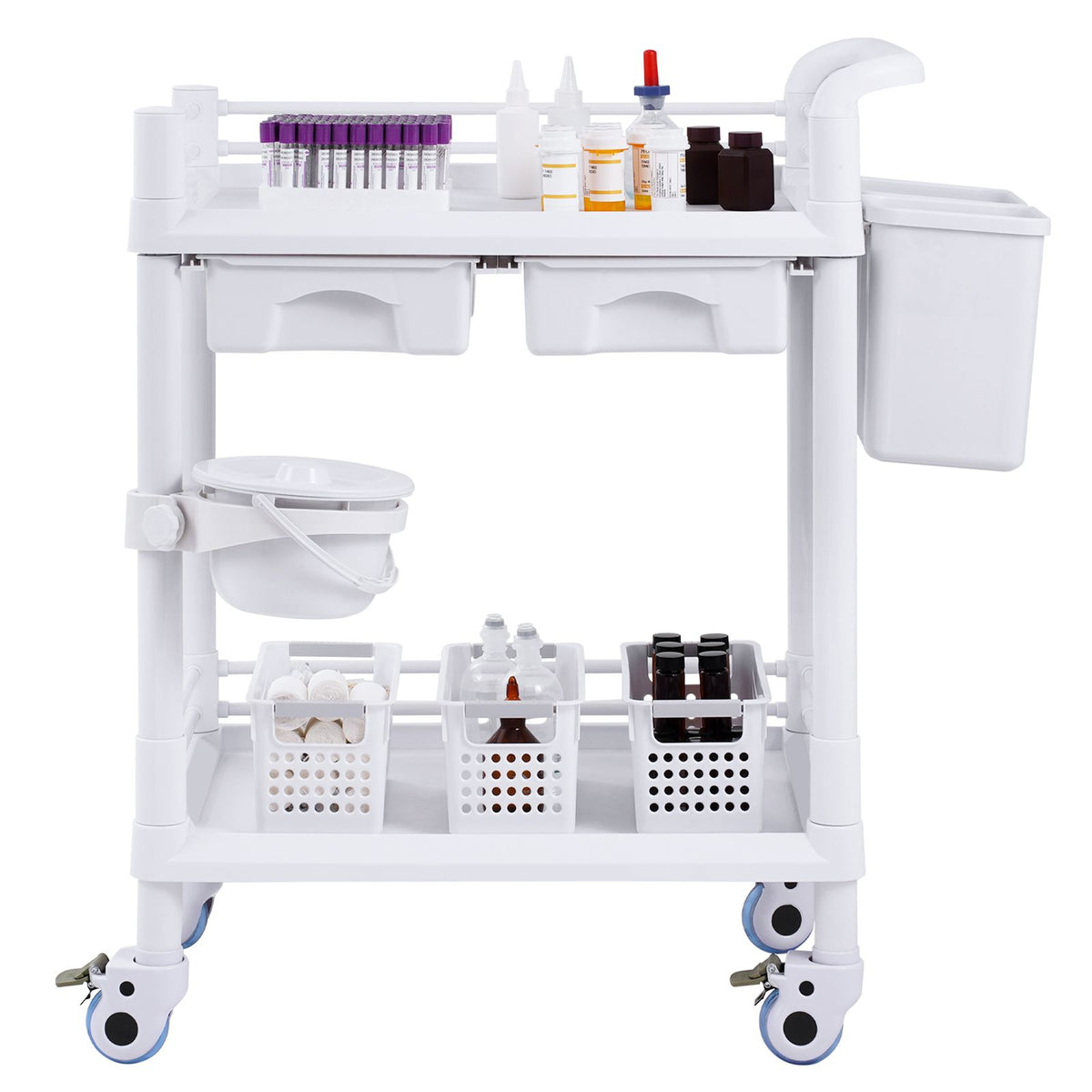 2 Tiers Lab Carts, Lab Utility Cart with 2 Trays, 2 Drawers & 4 Silent Wheels, Mobile Medical Cart with PP Material, Lab Rolling Cart with 3 Trash Cans for Lab, Clinic, Hospital, Salon, White