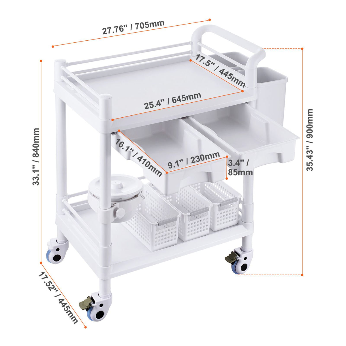 2 Tiers Lab Carts, Lab Utility Cart with 2 Trays, 2 Drawers & 4 Silent Wheels, Mobile Medical Cart with PP Material, Lab Rolling Cart with 3 Trash Cans for Lab, Clinic, Hospital, Salon, White
