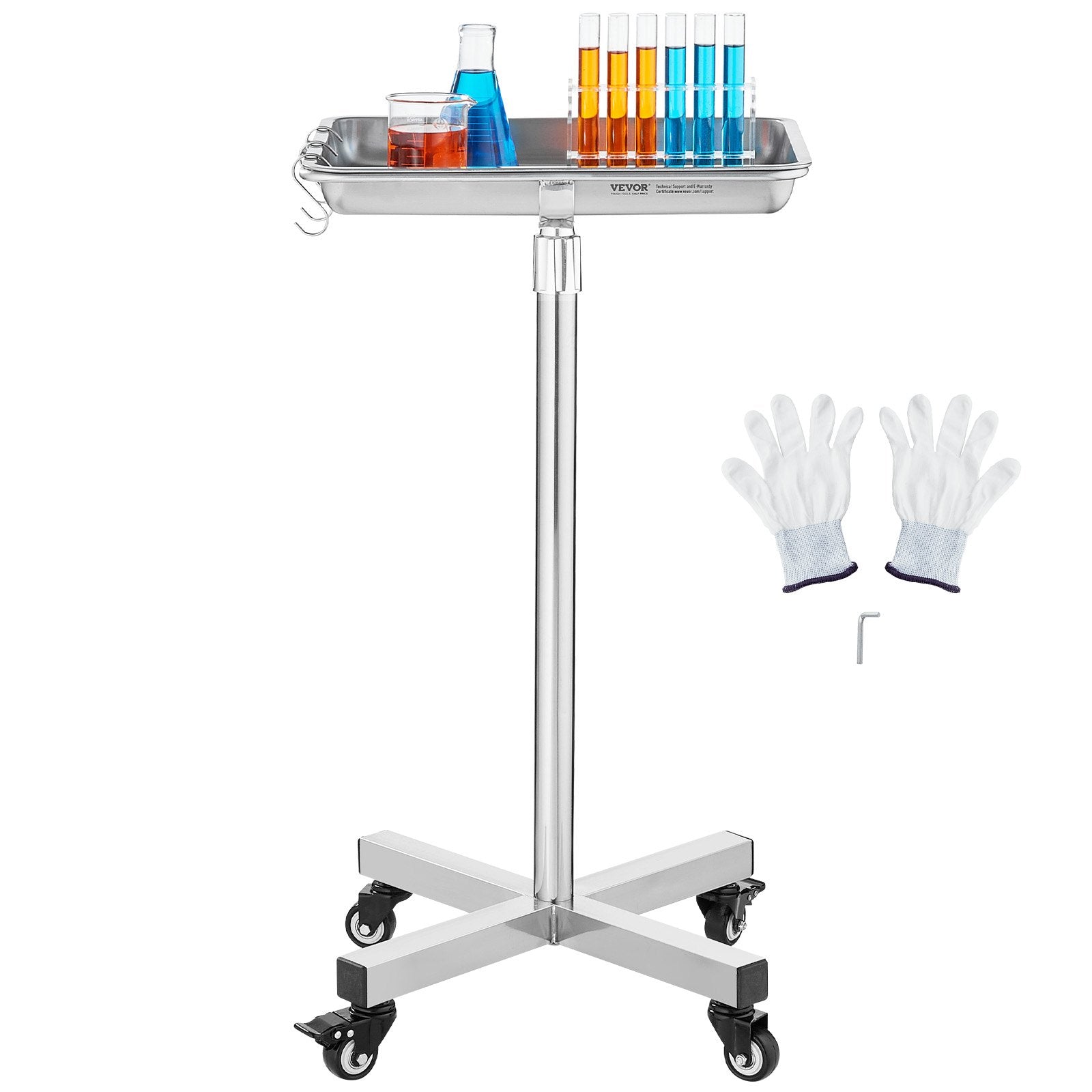 Mayo Stand, Stainless Steel Mayo Tray, Load Capacity up to 35 lbs, Adjustable Height 25.2"-39.8", Medical Tray on Wheels with Removable Tray for Spa, Salon, Clinic, Personal Care