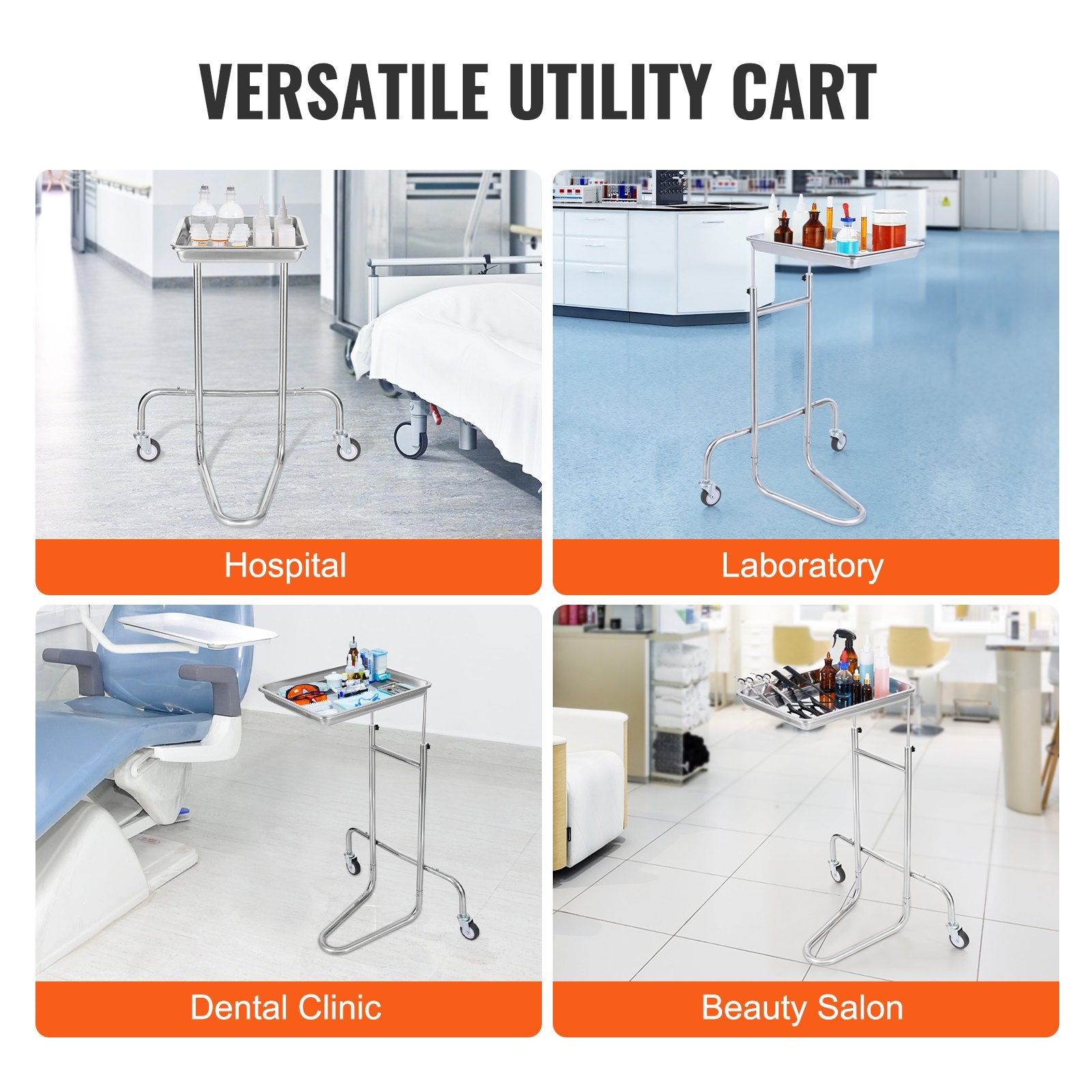 Kitchen & Dining Trolleys: VEVOR Stainless Steel Lab Cart with Single Tray & 2 Silent Wheels for Lab Clinic