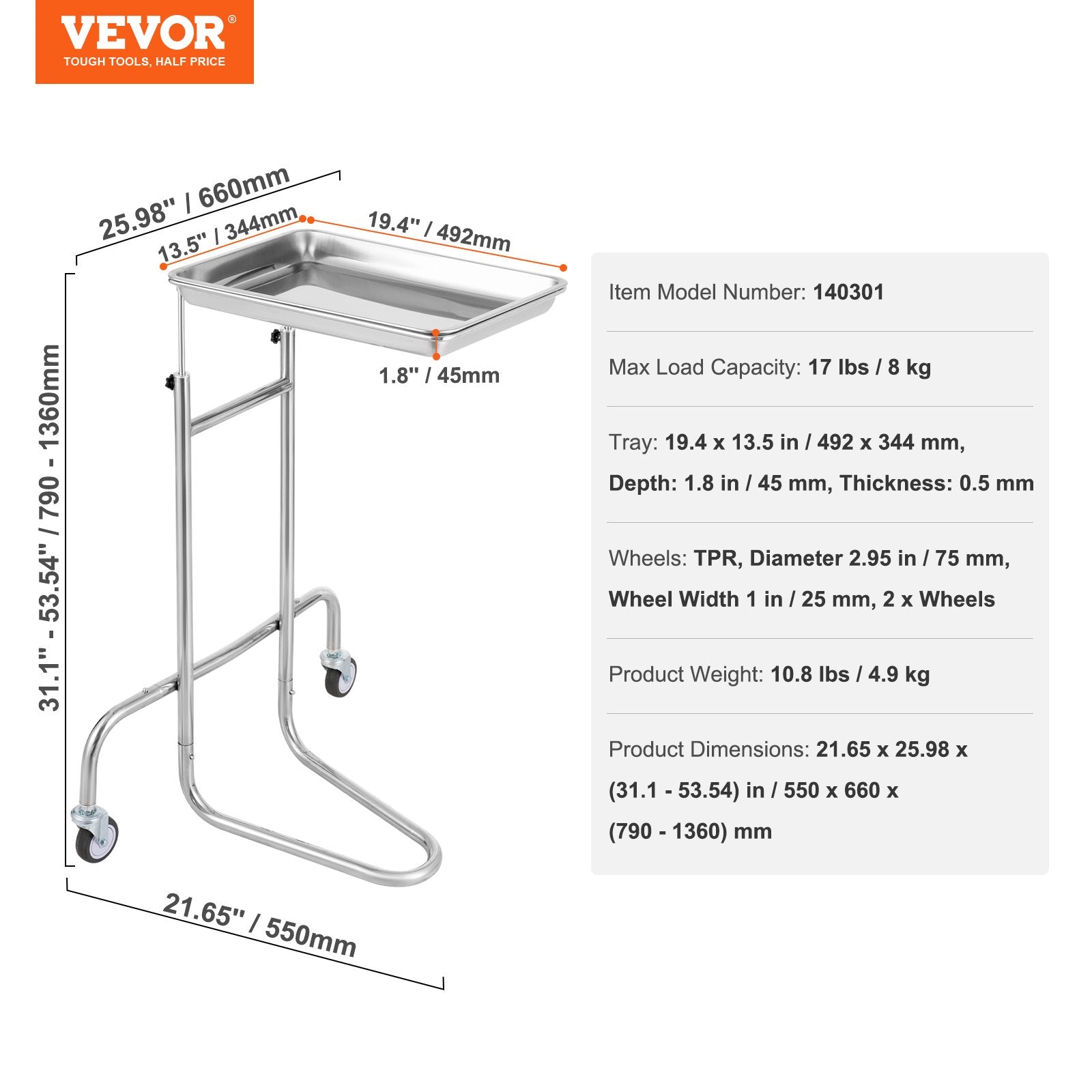 Kitchen & Dining Trolleys: VEVOR Stainless Steel Lab Cart with Single Tray & 2 Silent Wheels for Lab Clinic