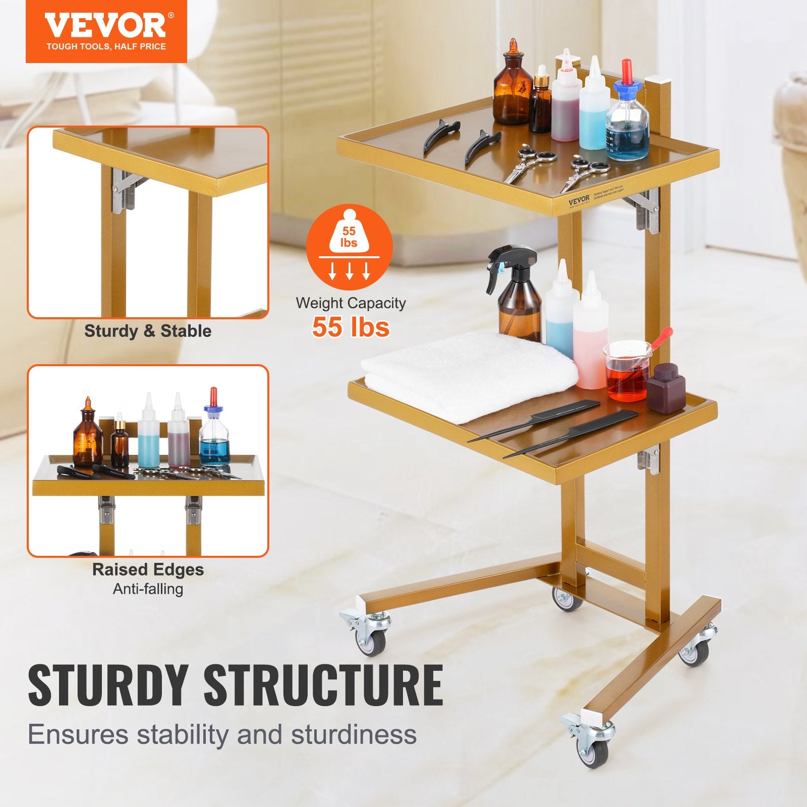 Kitchen & Dining Trolleys: VEVOR 2 Tiers Stainless Steel Lab Carts with 2 Trays & 4 Silent Wheels Golden