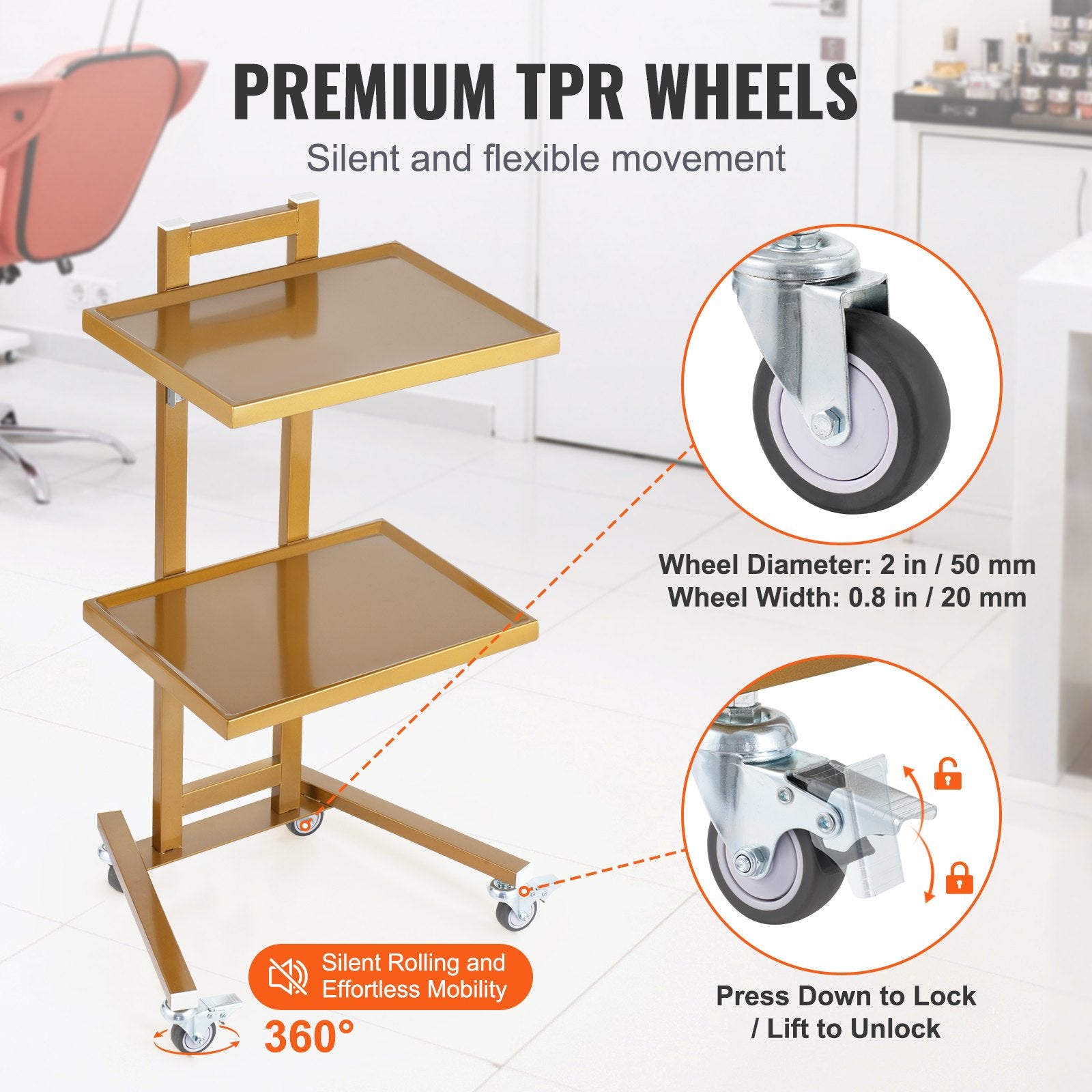 Kitchen & Dining Trolleys: VEVOR 2 Tiers Stainless Steel Lab Carts with 2 Trays & 4 Silent Wheels Golden