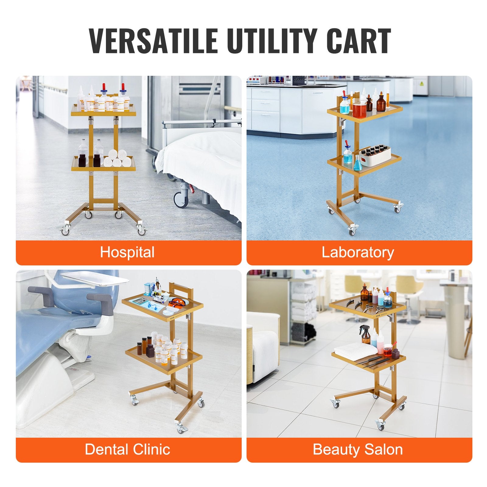 Kitchen & Dining Trolleys: VEVOR 2 Tiers Stainless Steel Lab Carts with 2 Trays & 4 Silent Wheels Golden