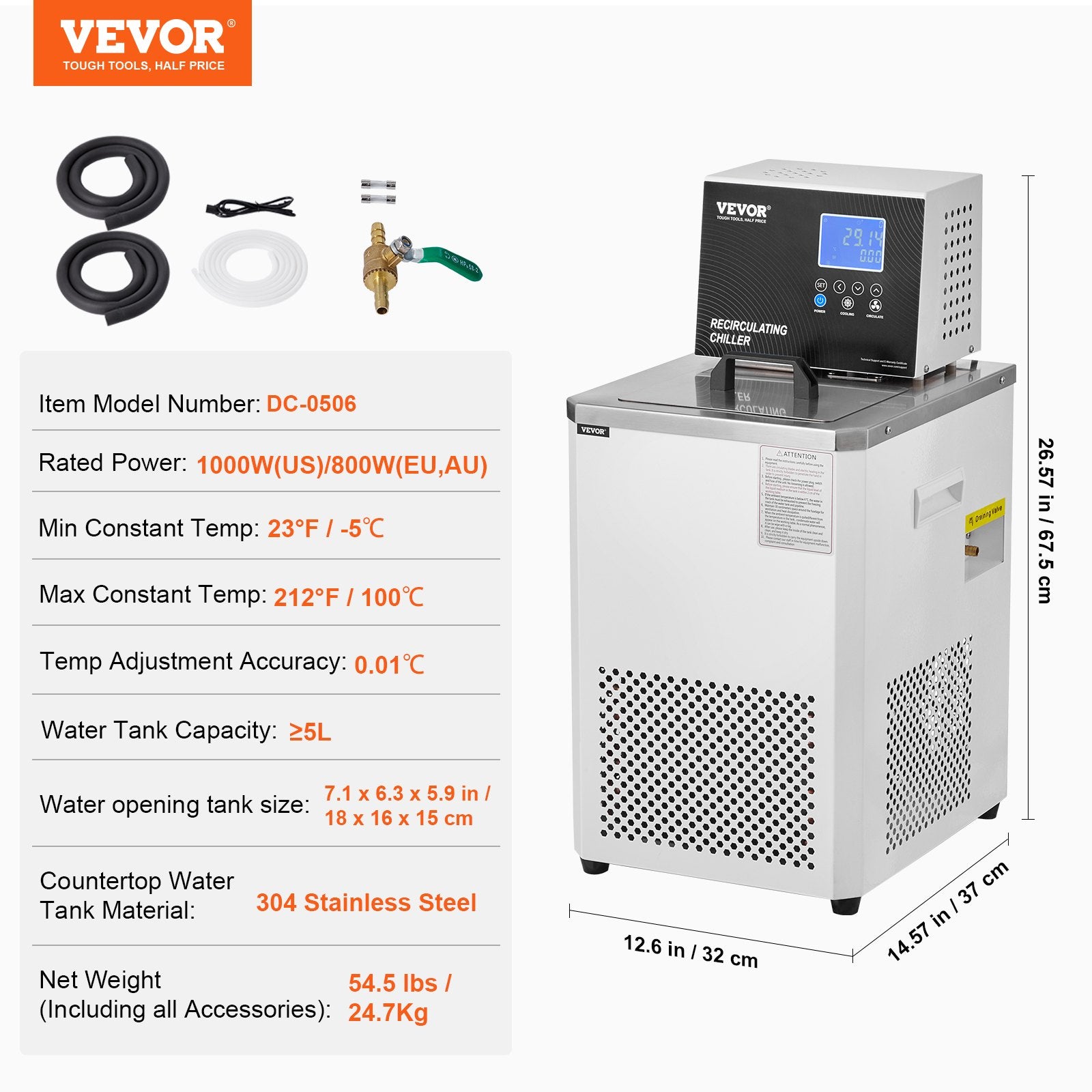 Fountain & Ponds Accessories: VEVOR Laboratory Chiller Circulator, 6L Chiller Lab Low Temperature Cooling Liquid, 23°F-212°F Circulator Pump Chiller, LCD Display, 304 Stainless Steel Water Bath Recirculating Water Cooling Chiller