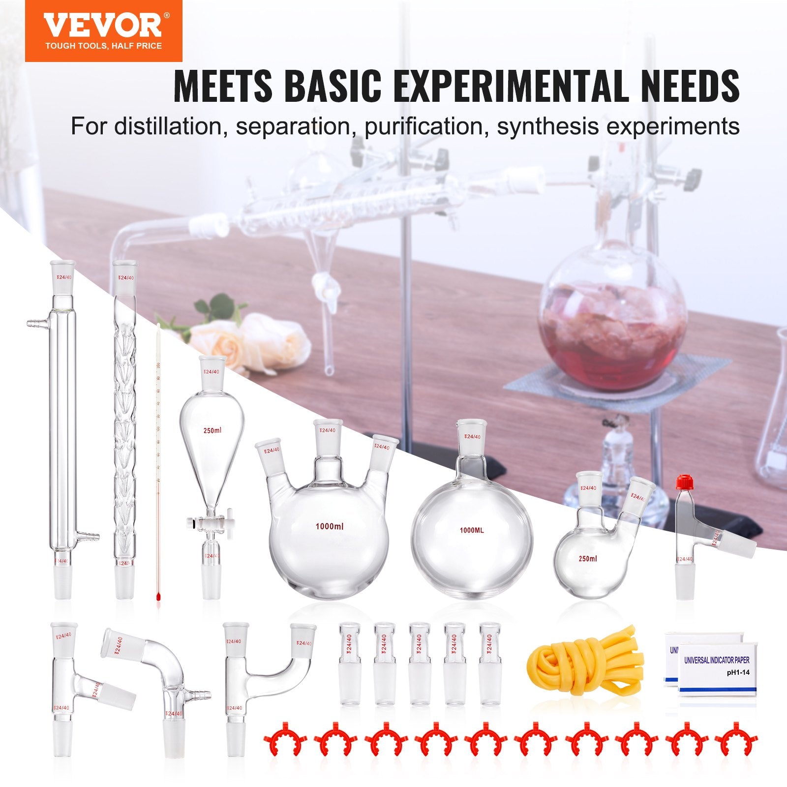 Audio Accessories: VEVOR Lab Glassware Distillation Kit 1000ml 3.3 Boro 29 pcs Glassware Equipment